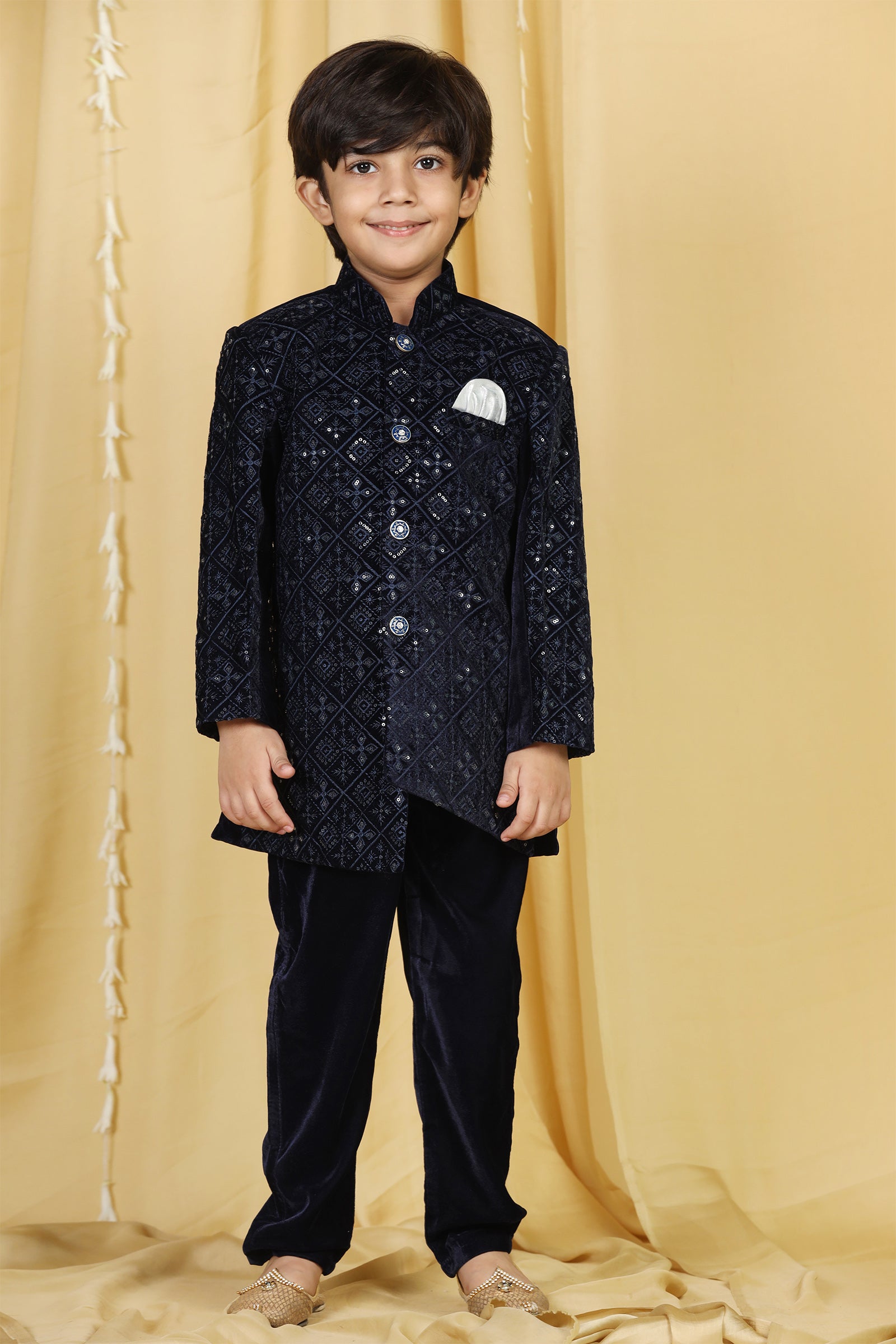 Boys Navy Blue Embroidered Velvet Sherwani for Kids - AJ Dezines
