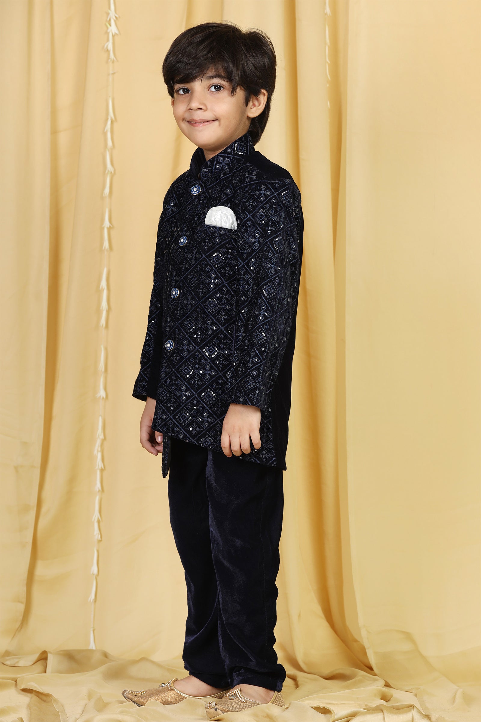 Boys Navy Blue Embroidered Velvet Sherwani for Kids - AJ Dezines
