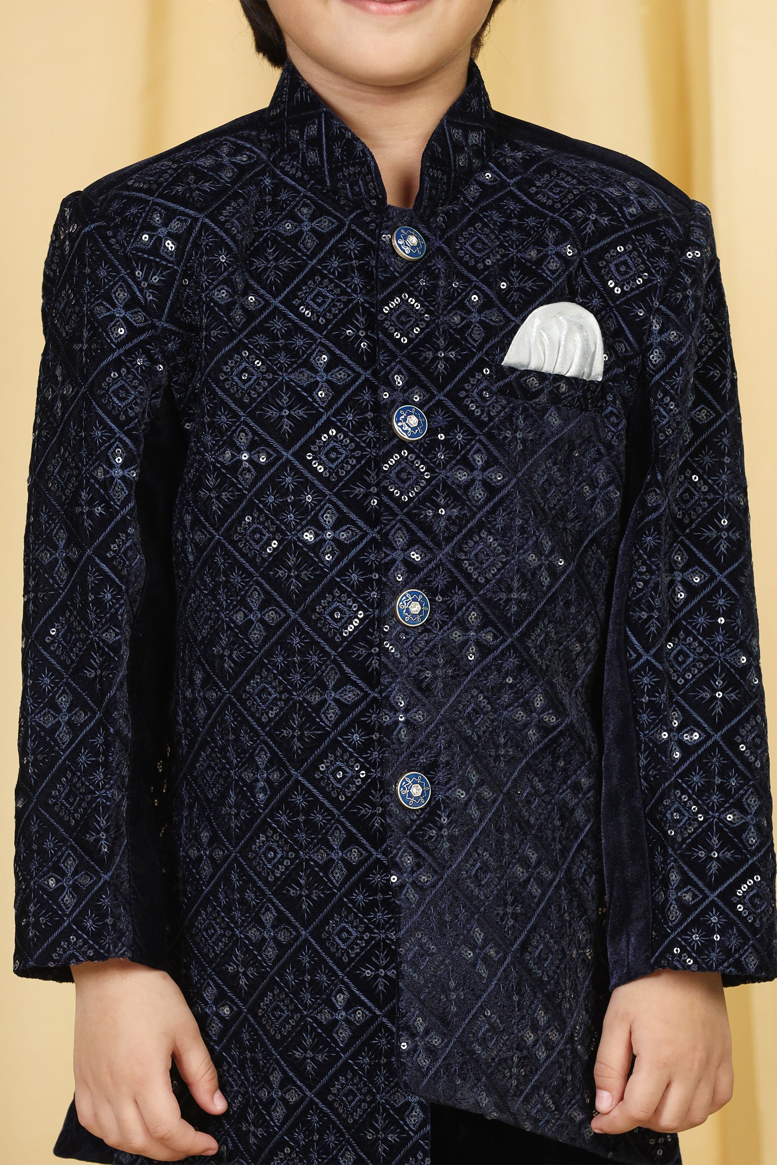 Boys Navy Blue Embroidered Velvet Sherwani for Kids - AJ Dezines