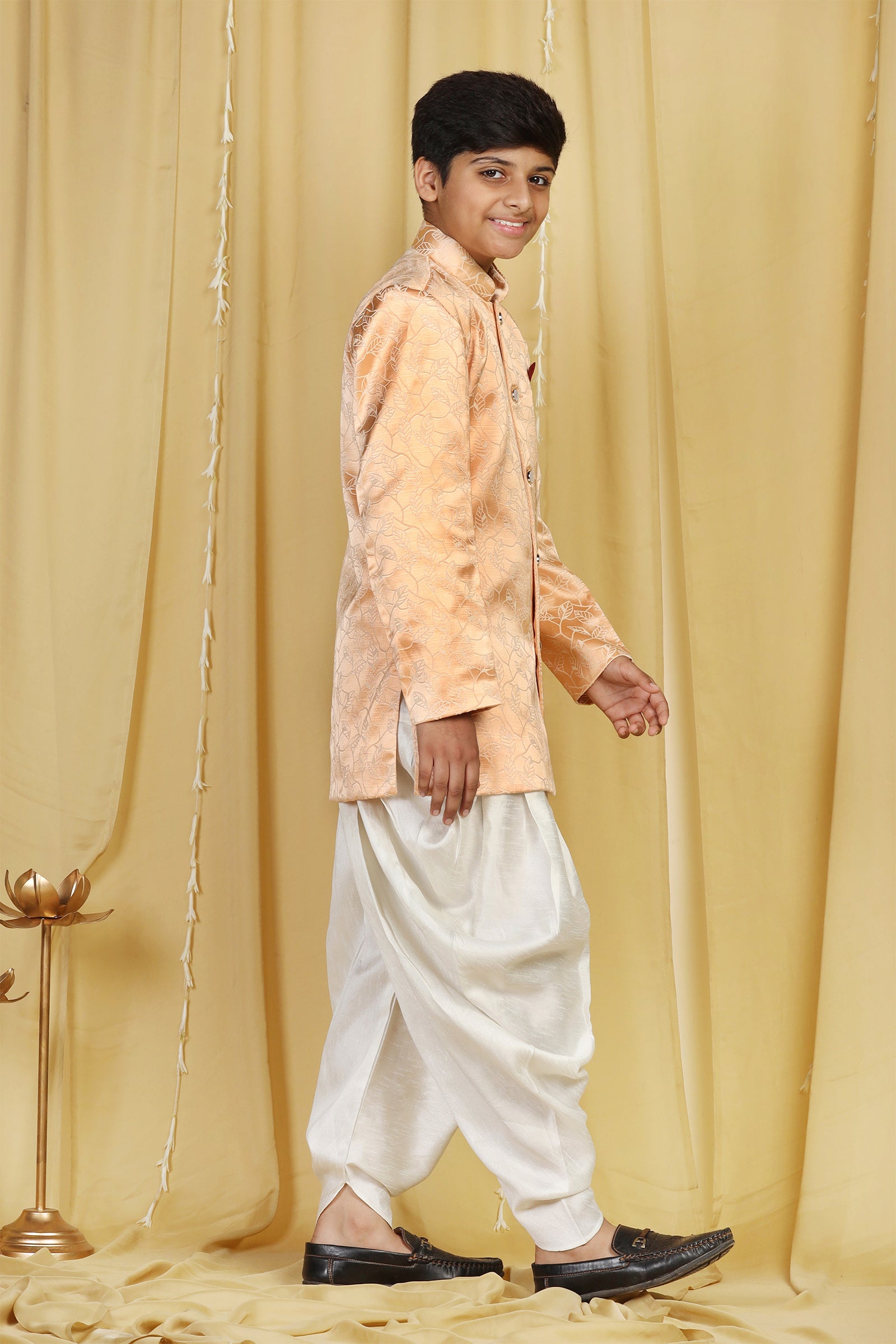 Boys Peach Jacquard Blend Sherwani for Kids - AJ Dezines