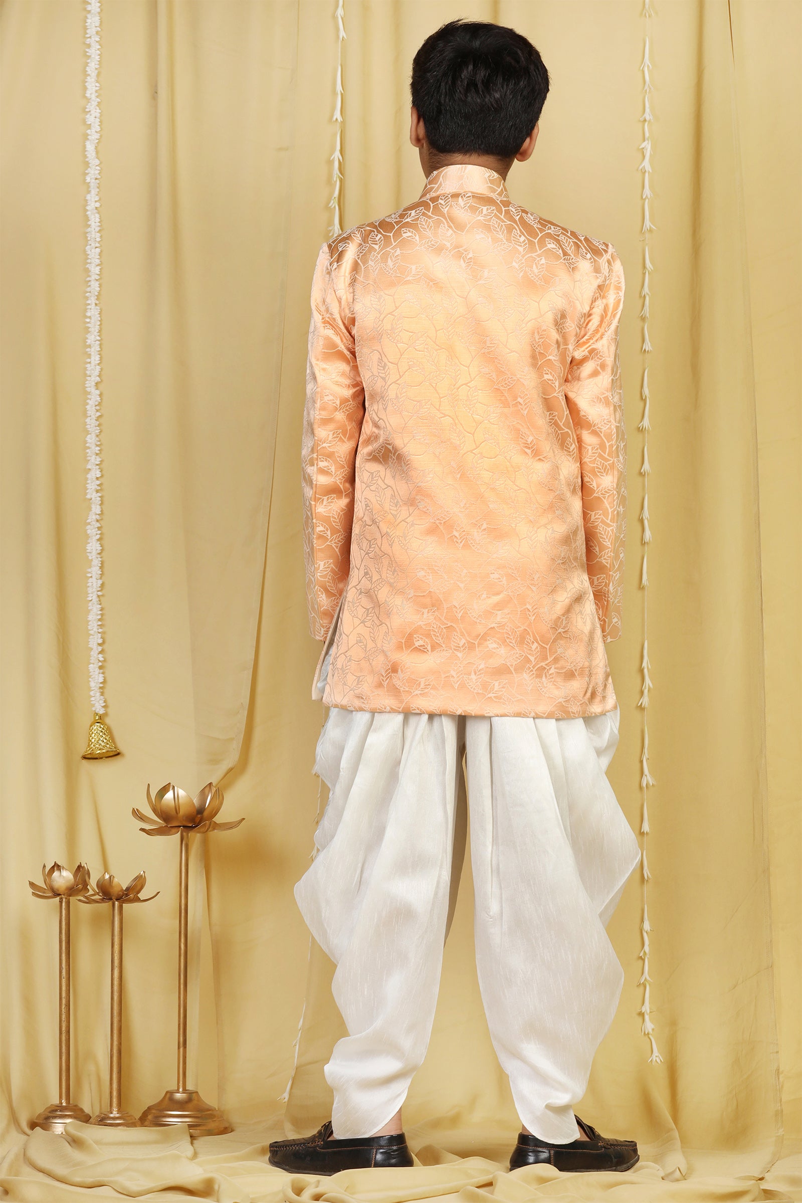 Boys Peach Jacquard Blend Sherwani for Kids - AJ Dezines