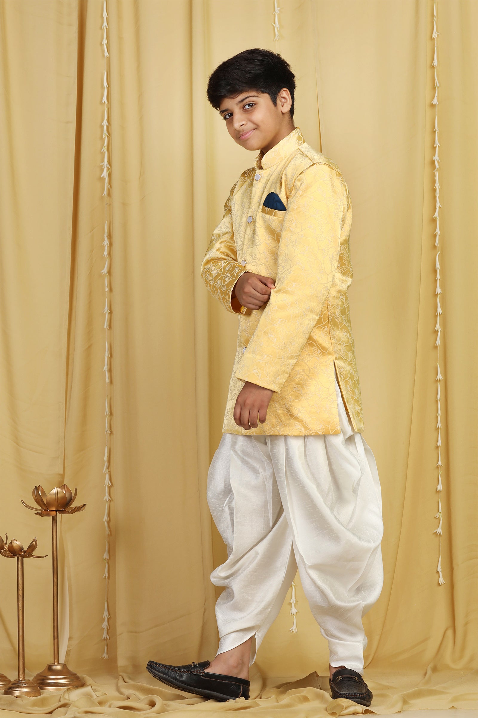 Boys Yellow Jacquard Blend Sherwani for Kids - AJ Dezines
