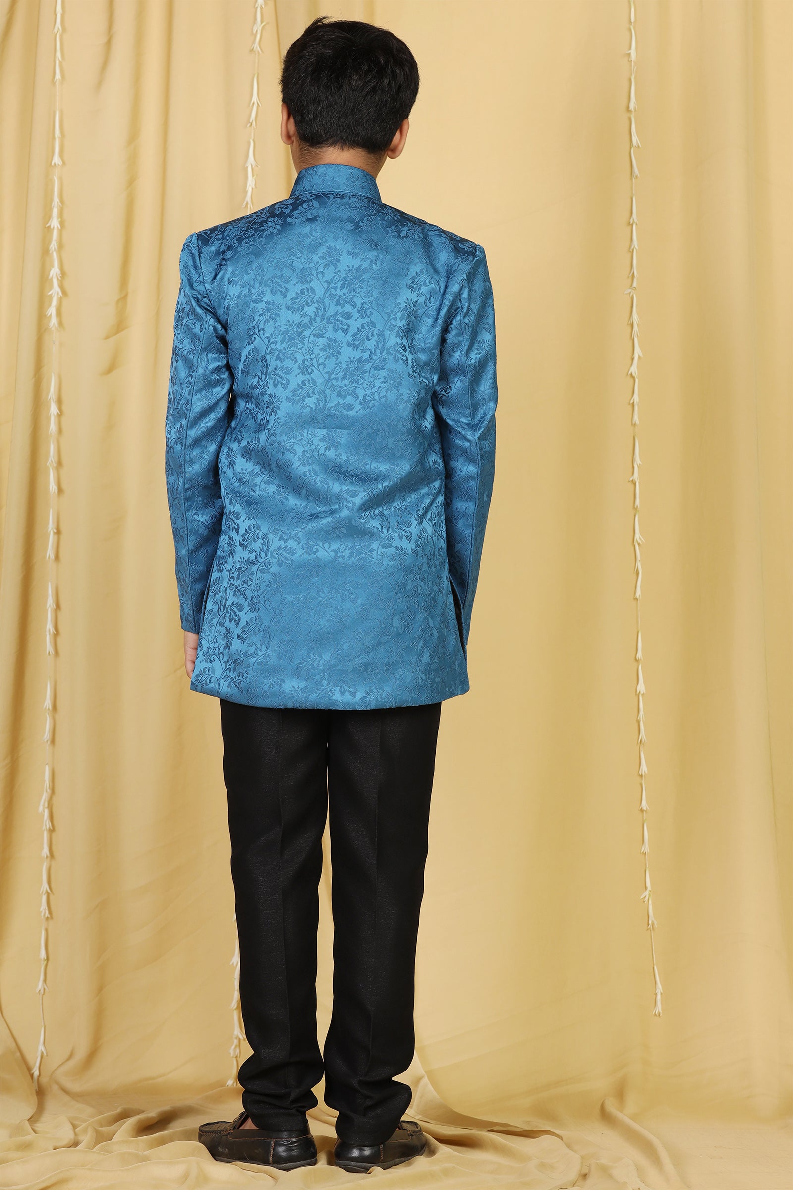 Boys Blue Jacquard Blend Sherwani for Kids - AJ Dezines