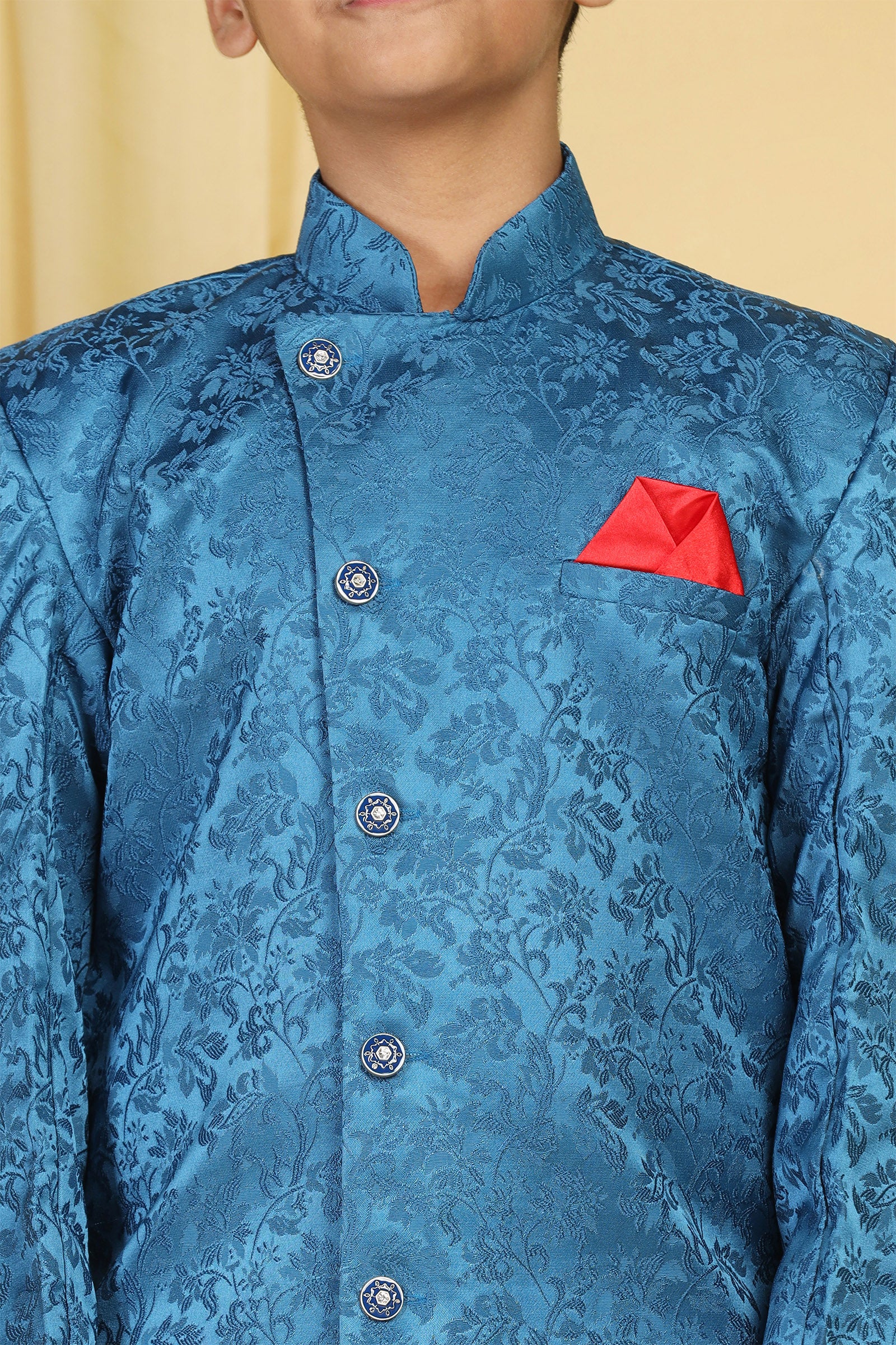 Boys Blue Jacquard Blend Sherwani for Kids - AJ Dezines