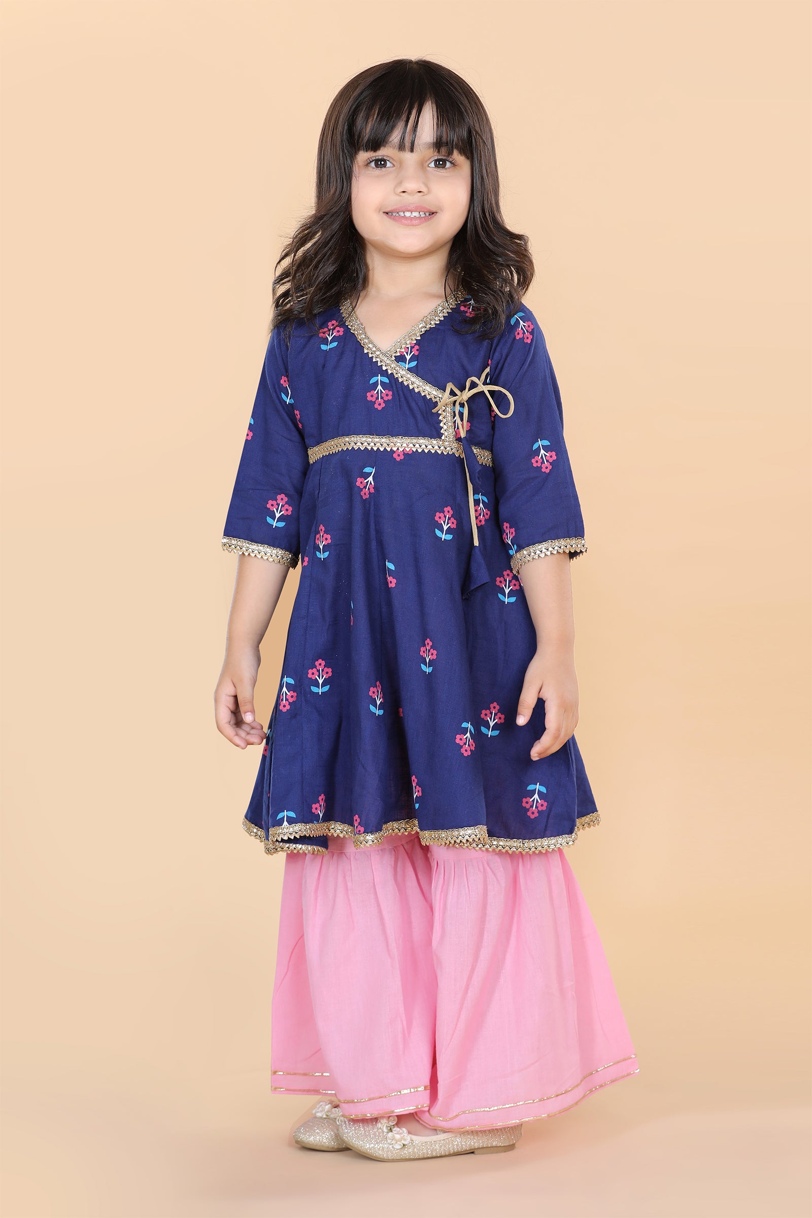Girls Blue Floral Print Pure Cotton Kurti with Sharara for Kids - AJ Dezines
