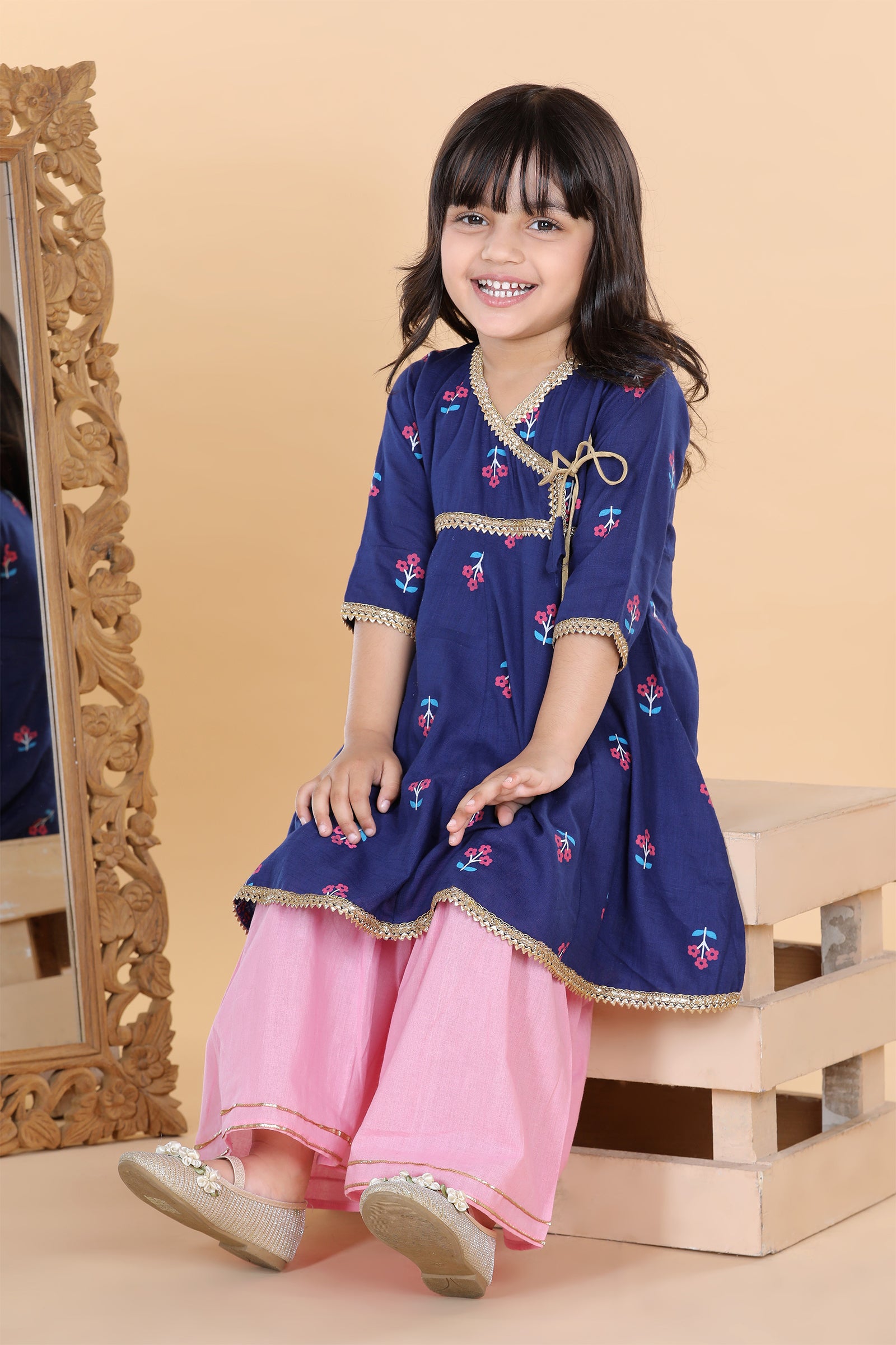 Girls Blue Floral Print Pure Cotton Kurti with Sharara for Kids - AJ Dezines