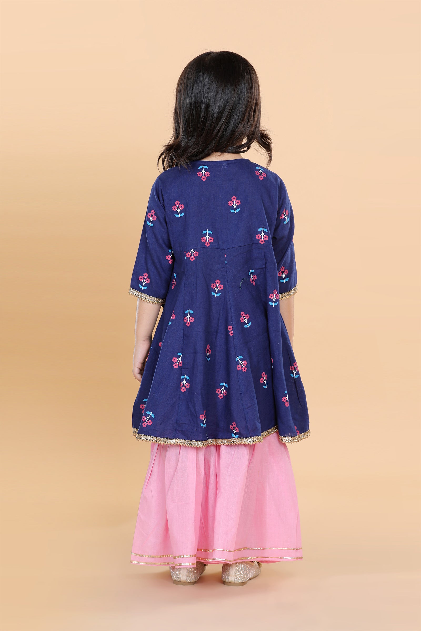 Girls Blue Floral Print Pure Cotton Kurti with Sharara for Kids - AJ Dezines