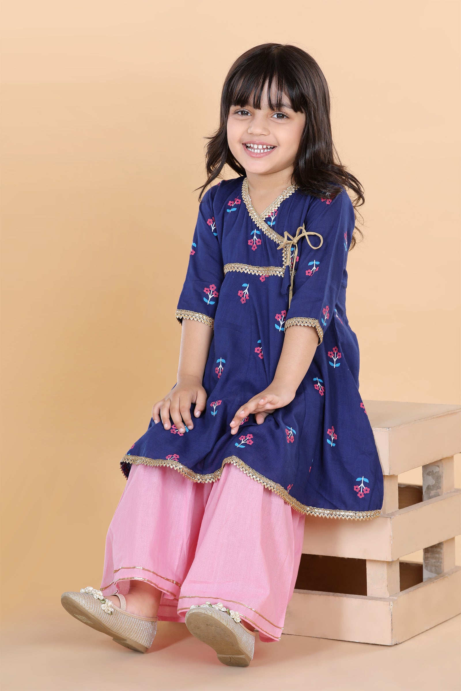 Girls Blue Floral Print Pure Cotton Kurti with Sharara for Kids - AJ Dezines