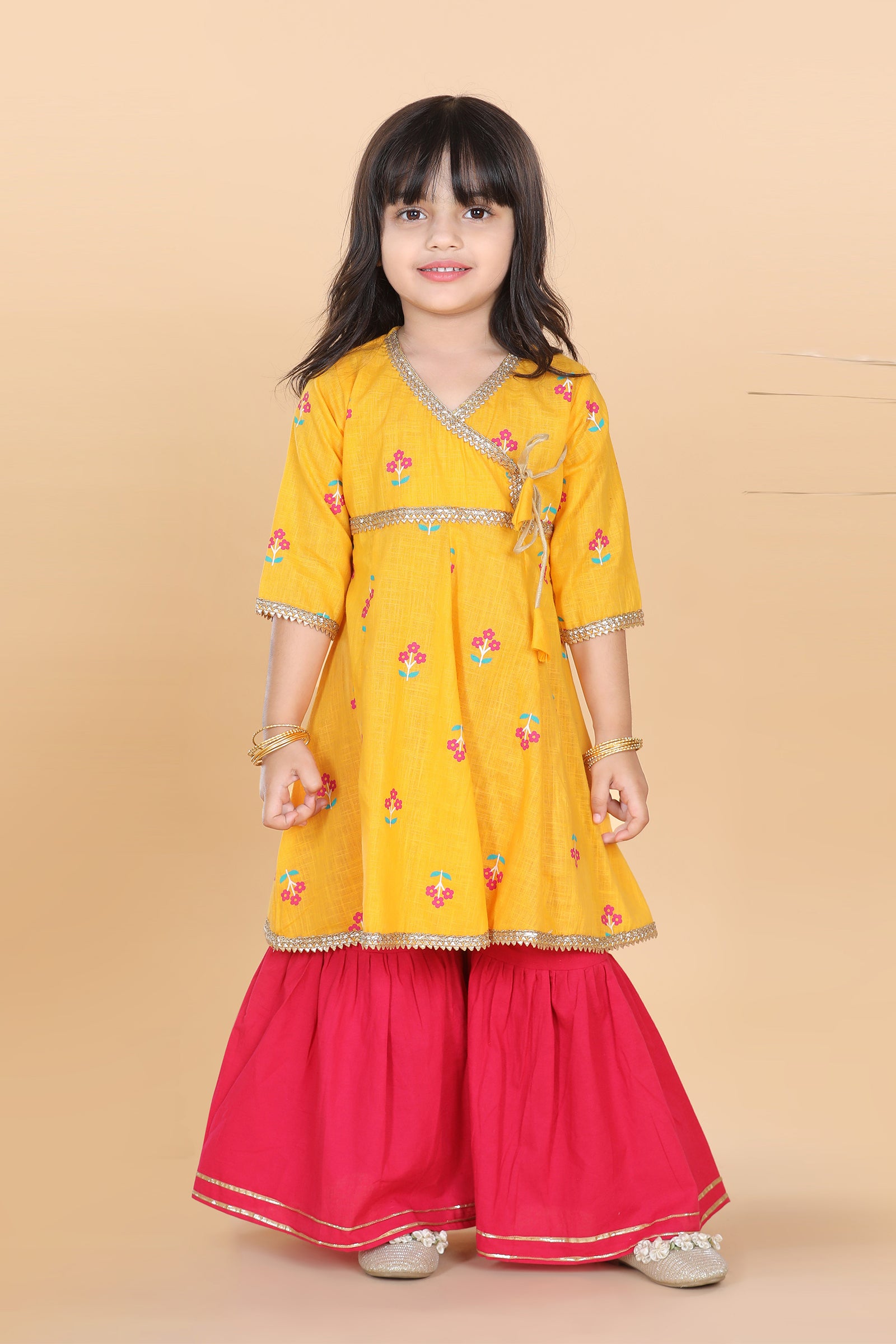 Girls Yellow Floral Print Pure Cotton Kurti with Sharara for Kids - AJ Dezines