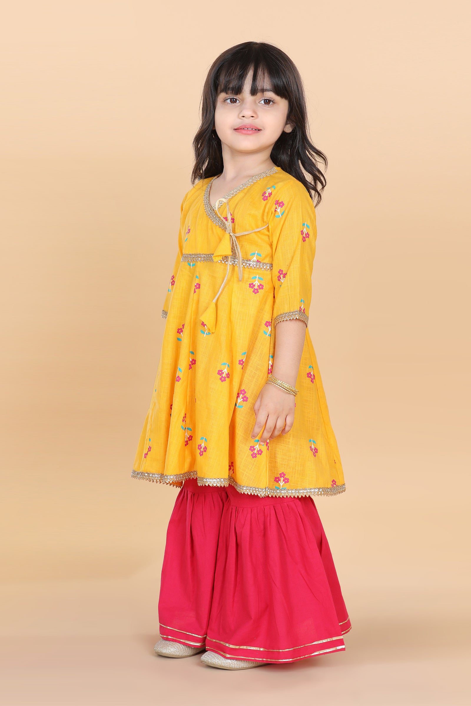 Girls Yellow Floral Print Pure Cotton Kurti with Sharara for Kids - AJ Dezines