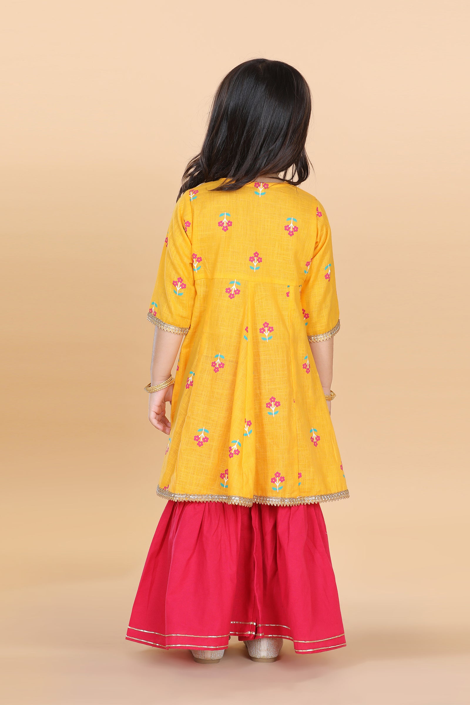 Girls Yellow Floral Print Pure Cotton Kurti with Sharara for Kids - AJ Dezines