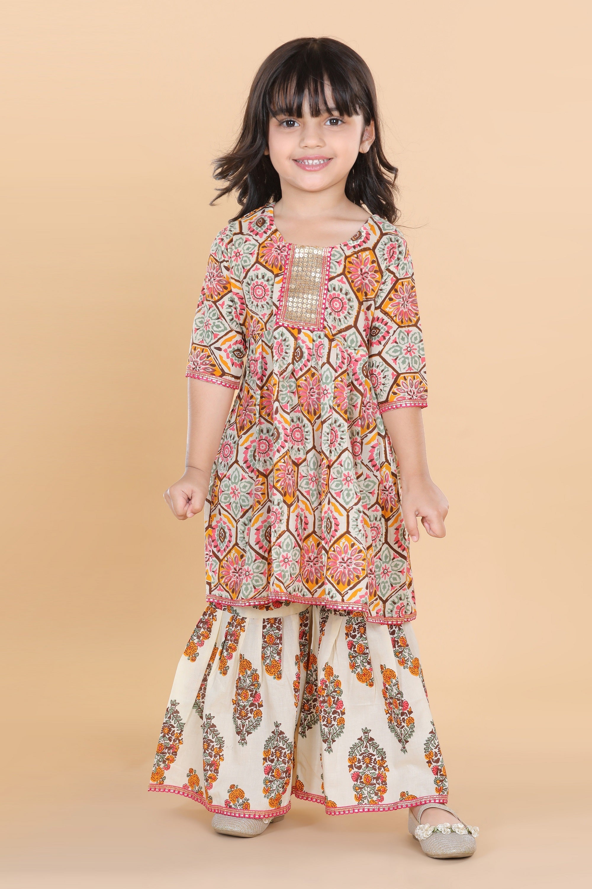 Girls White Printed Pure Cotton Sharara for Kids - AJ Dezines
