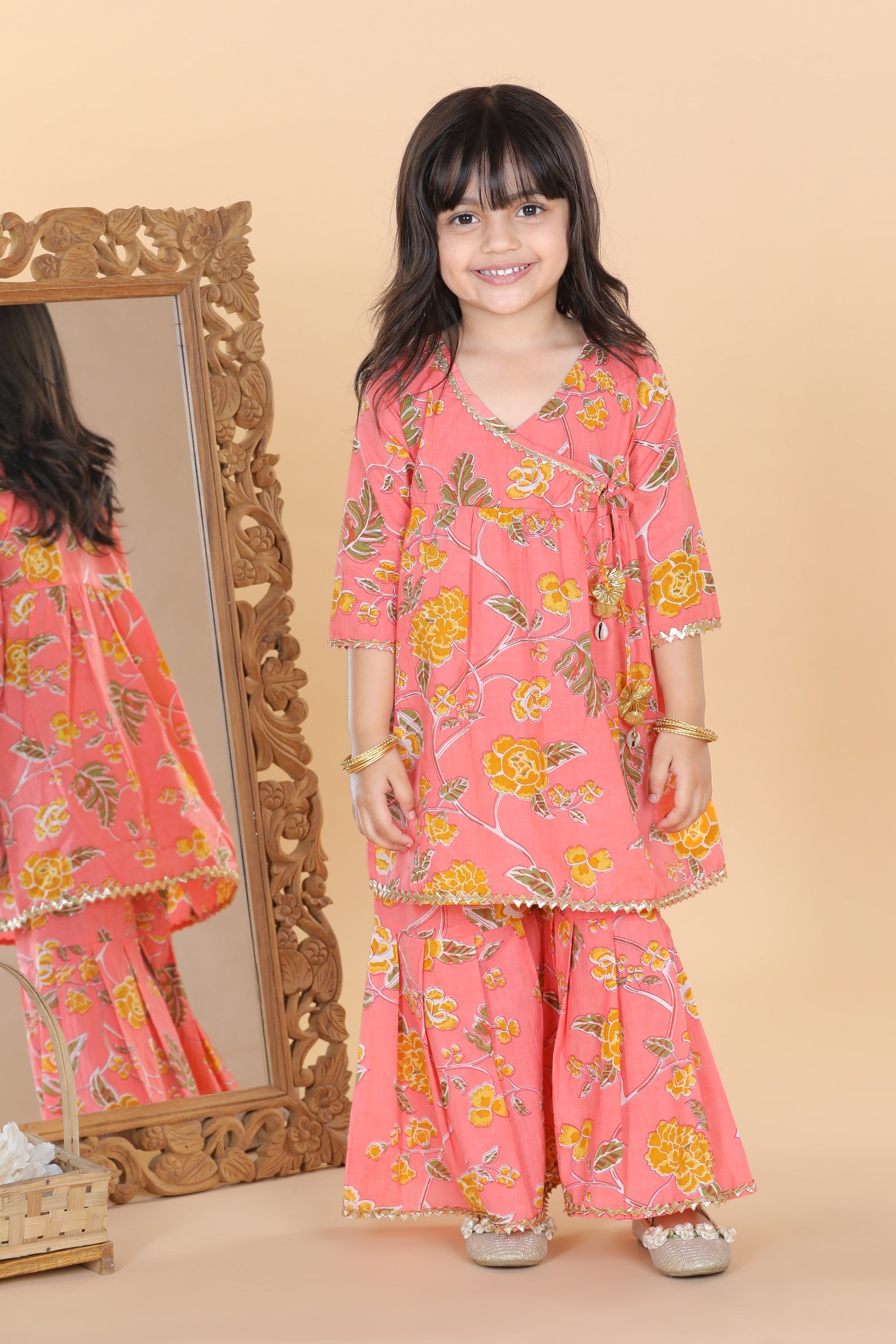 Girls Peach Floral Print Pure Cotton Sharara for Kids - AJ Dezines