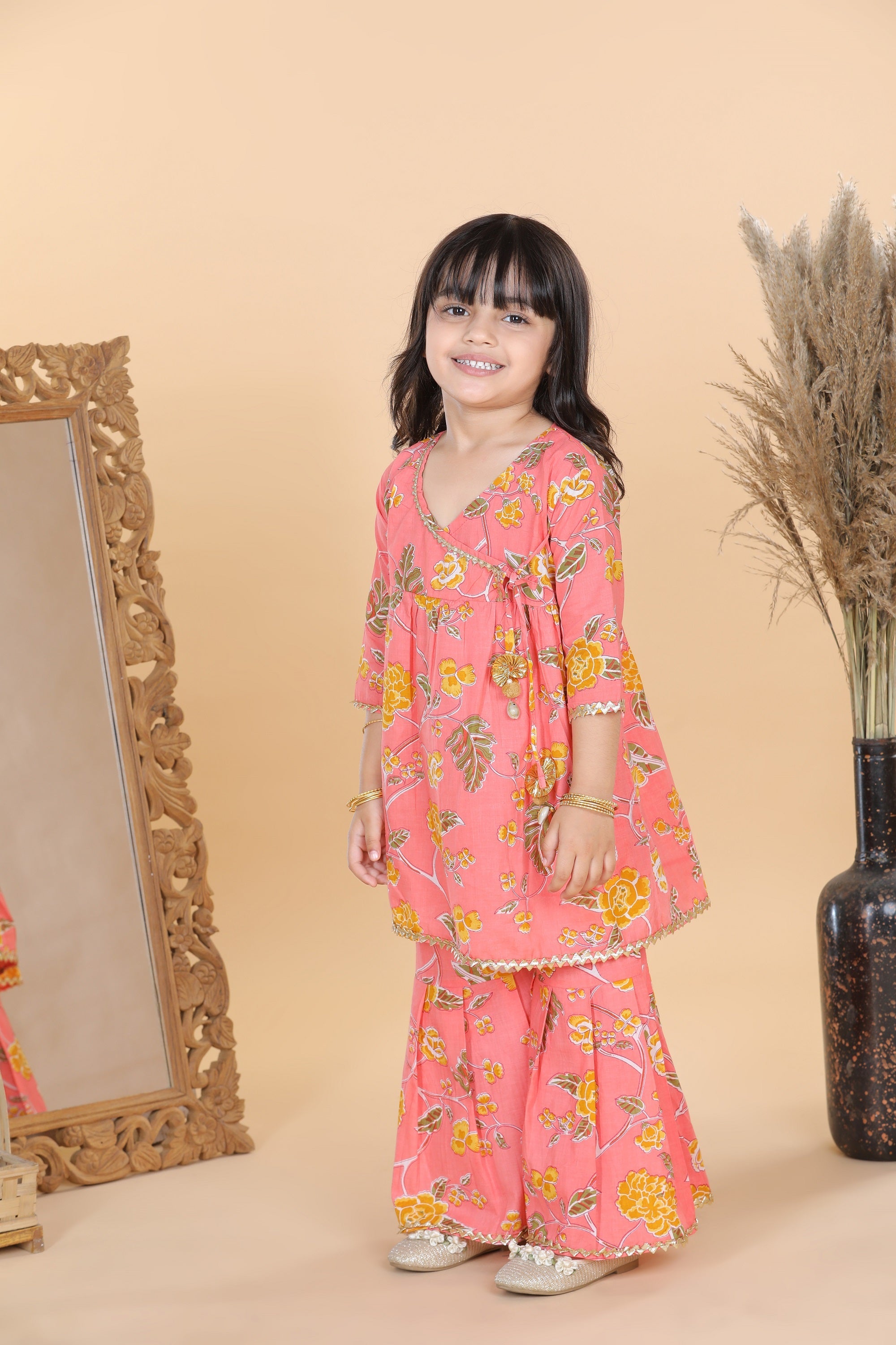 Girls Peach Floral Print Pure Cotton Sharara for Kids - AJ Dezines