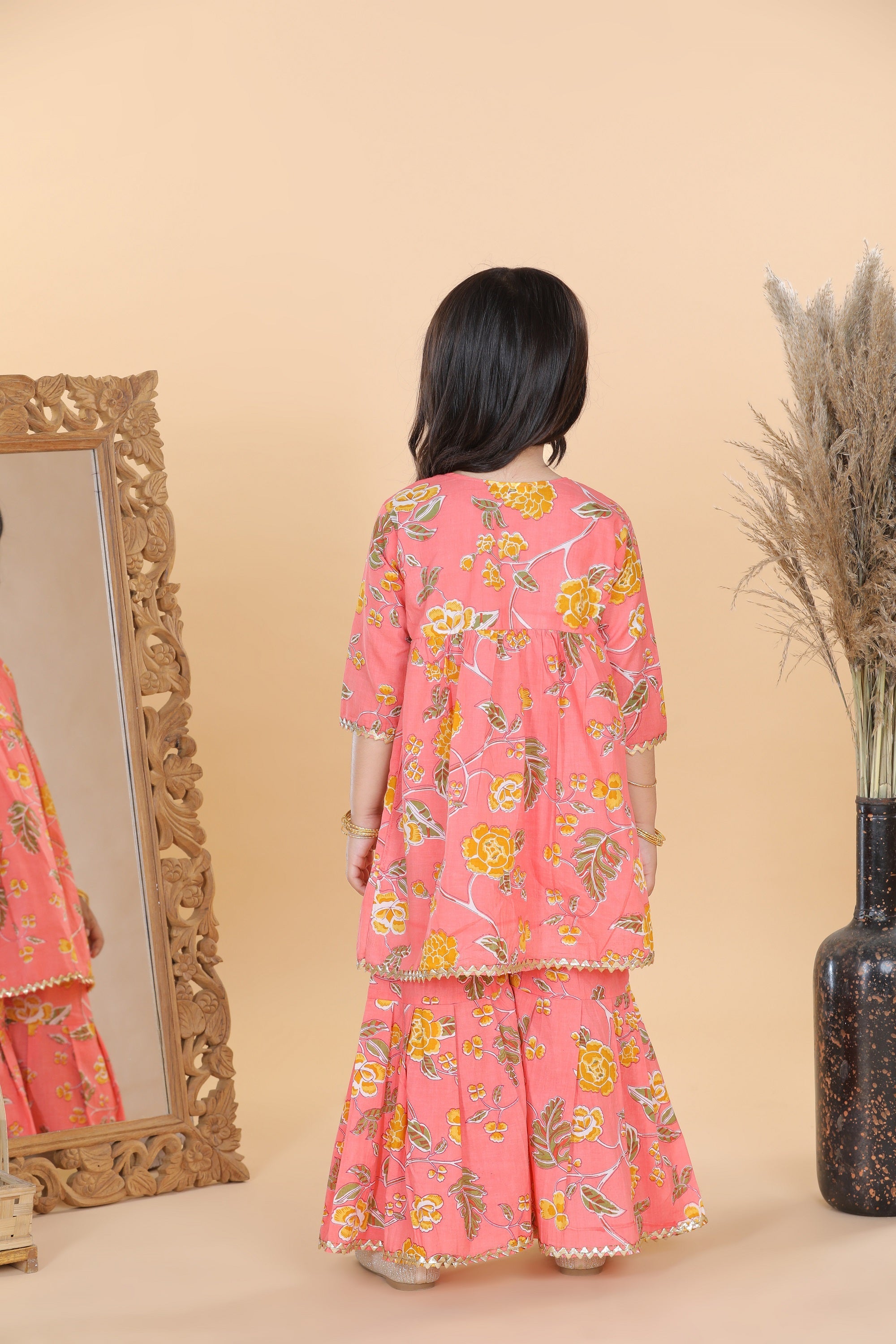 Girls Peach Floral Print Pure Cotton Sharara for Kids - AJ Dezines