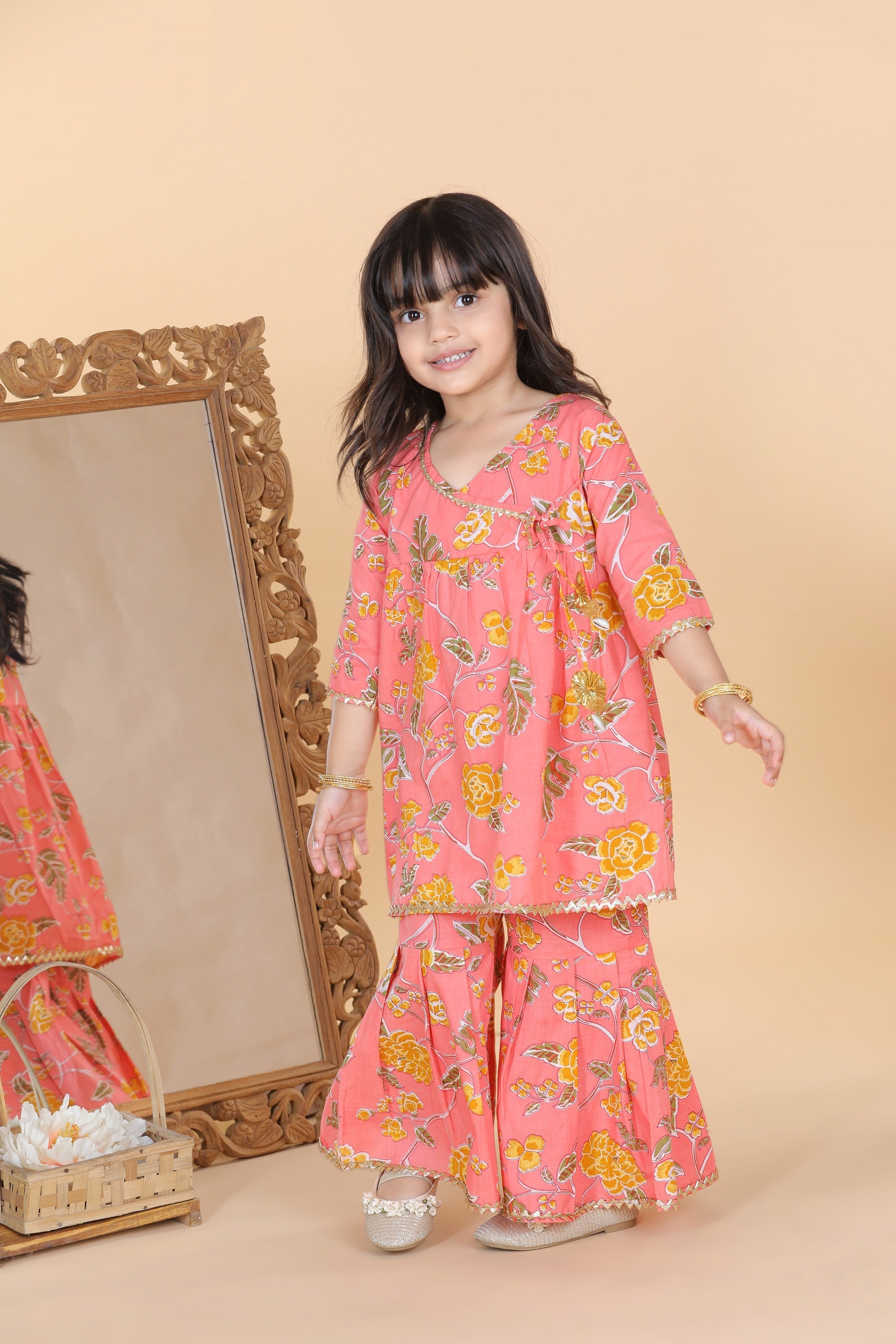 Girls Peach Floral Print Pure Cotton Sharara for Kids - AJ Dezines