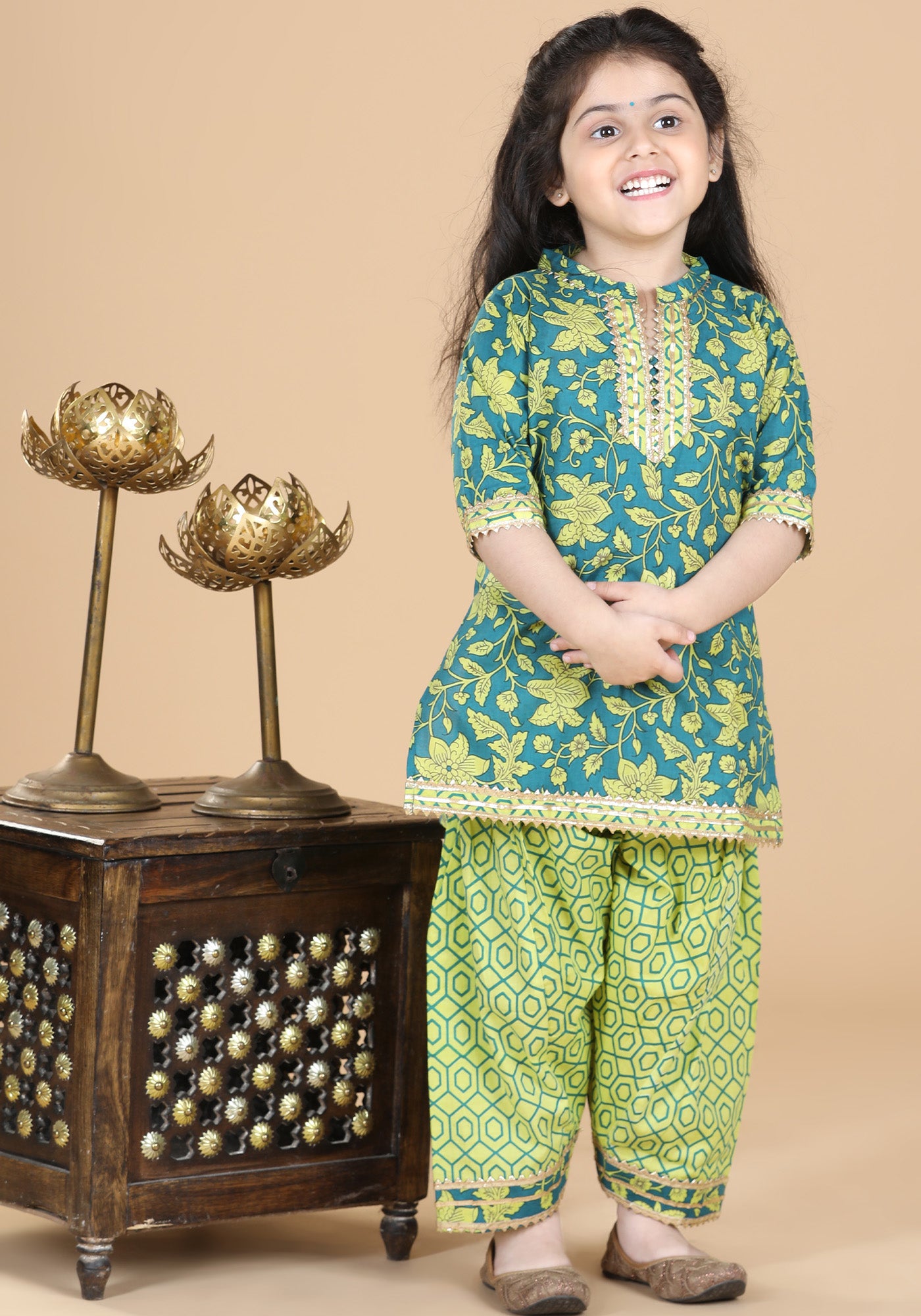 Girls Green Floral Print Pure Cotton Patiala Suit for Kids - AJ Dezines