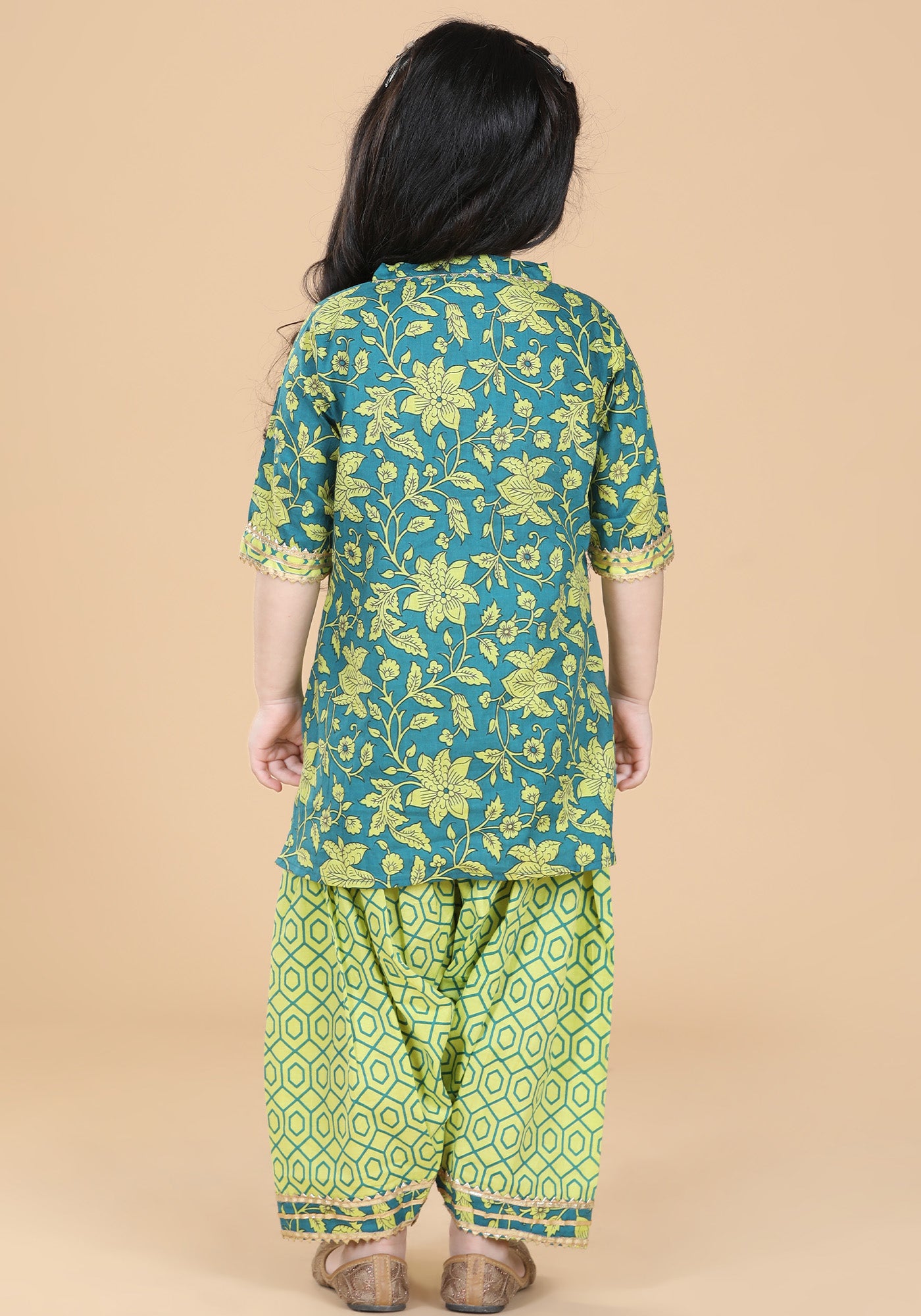 Girls Green Floral Print Pure Cotton Patiala Suit for Kids - AJ Dezines