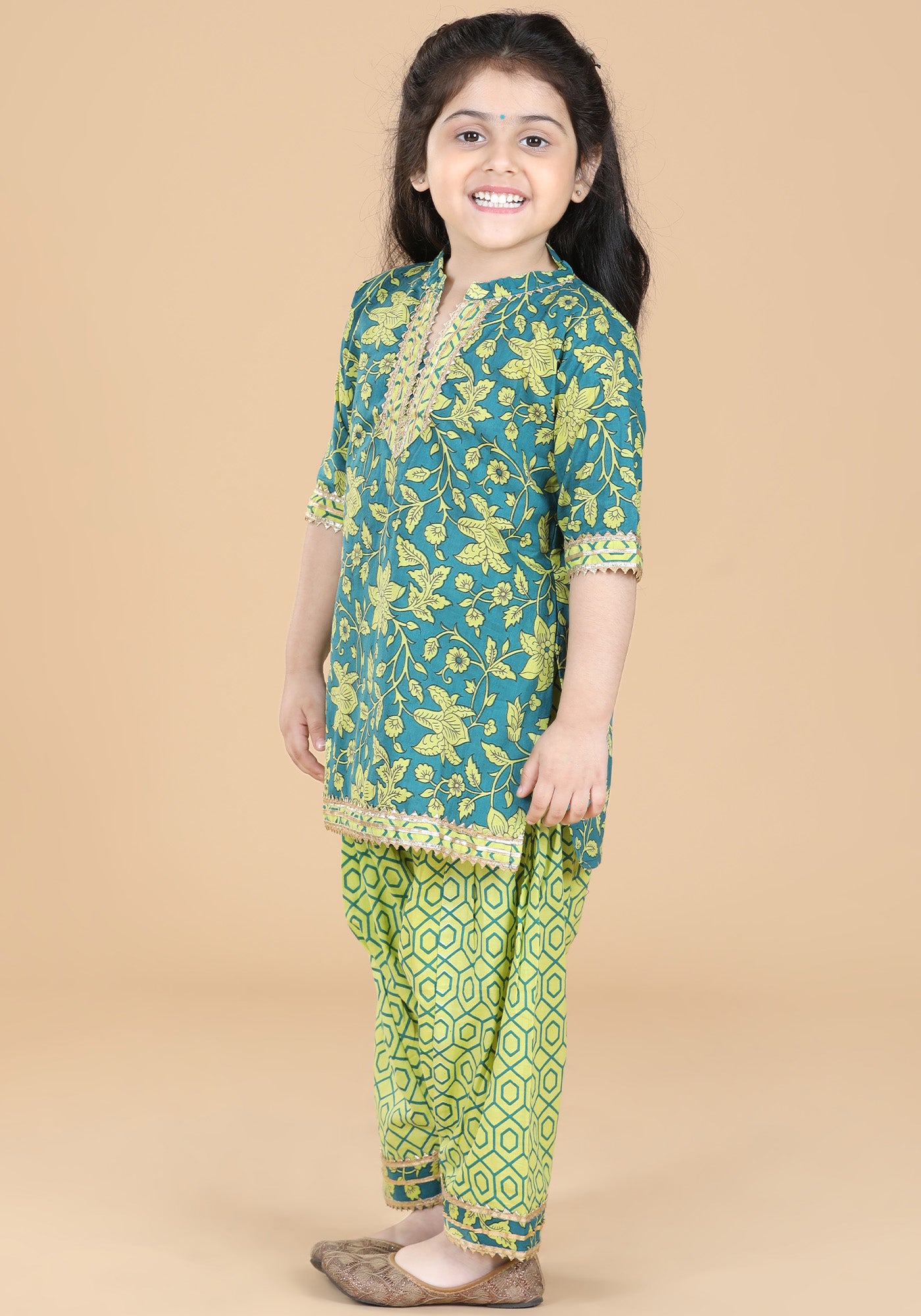 Girls Green Floral Print Pure Cotton Patiala Suit for Kids - AJ Dezines