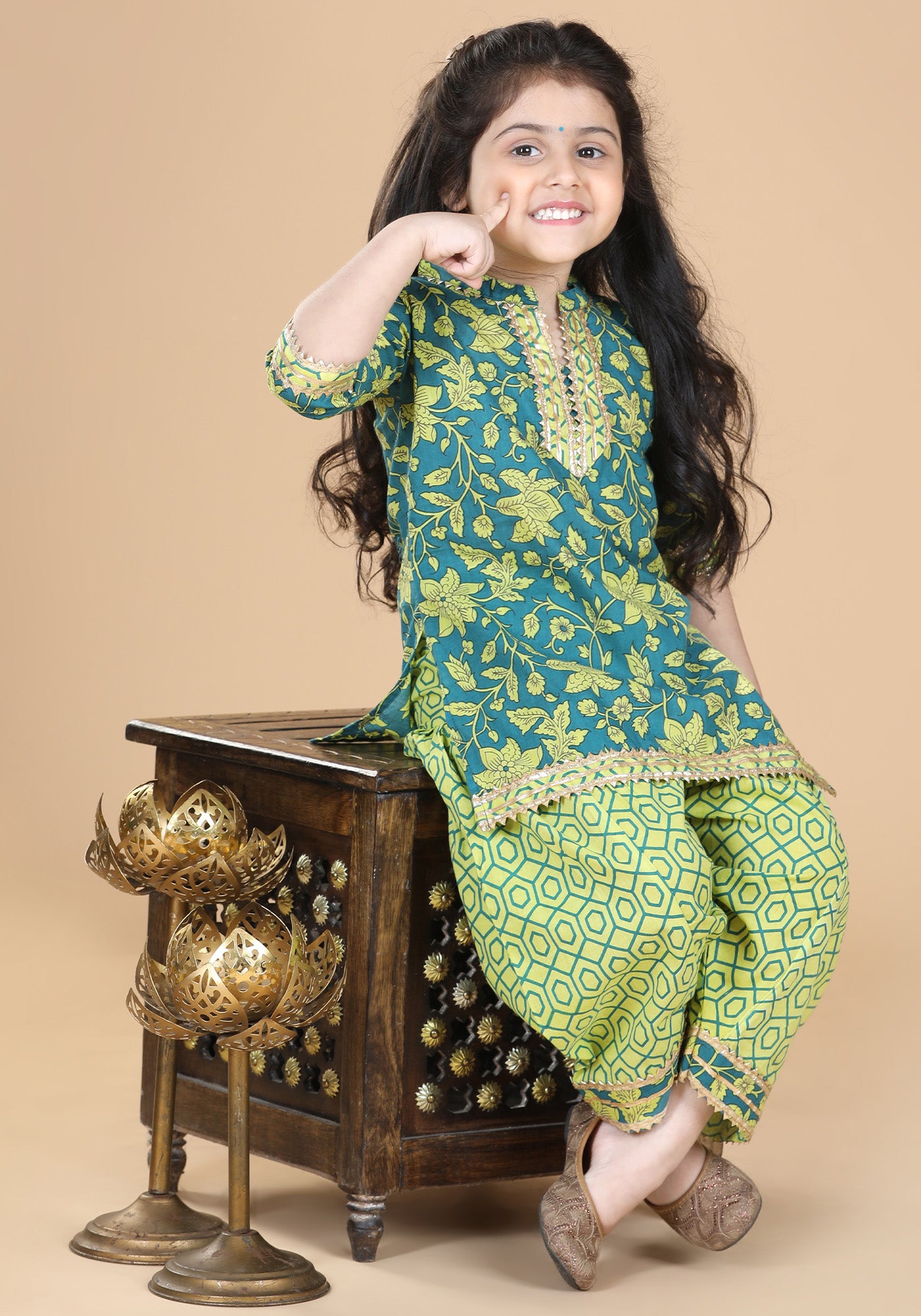 Girls Green Floral Print Pure Cotton Patiala Suit for Kids - AJ Dezines