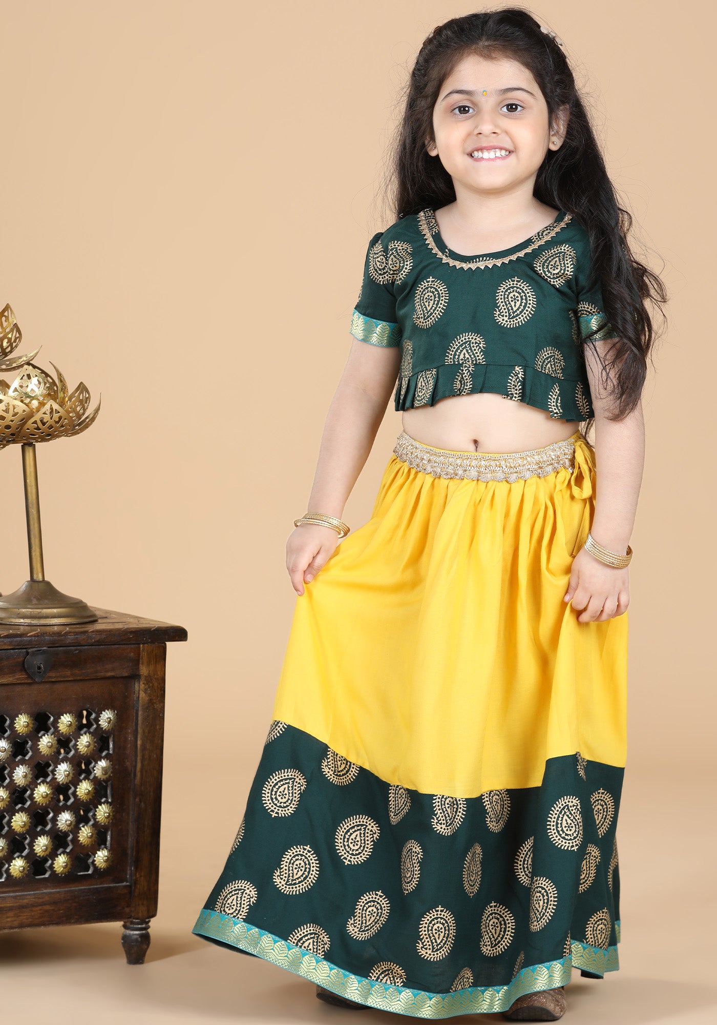 Girls Green Block Print Cotton Blend Lehenga Cholia for Kids - AJ Dezines