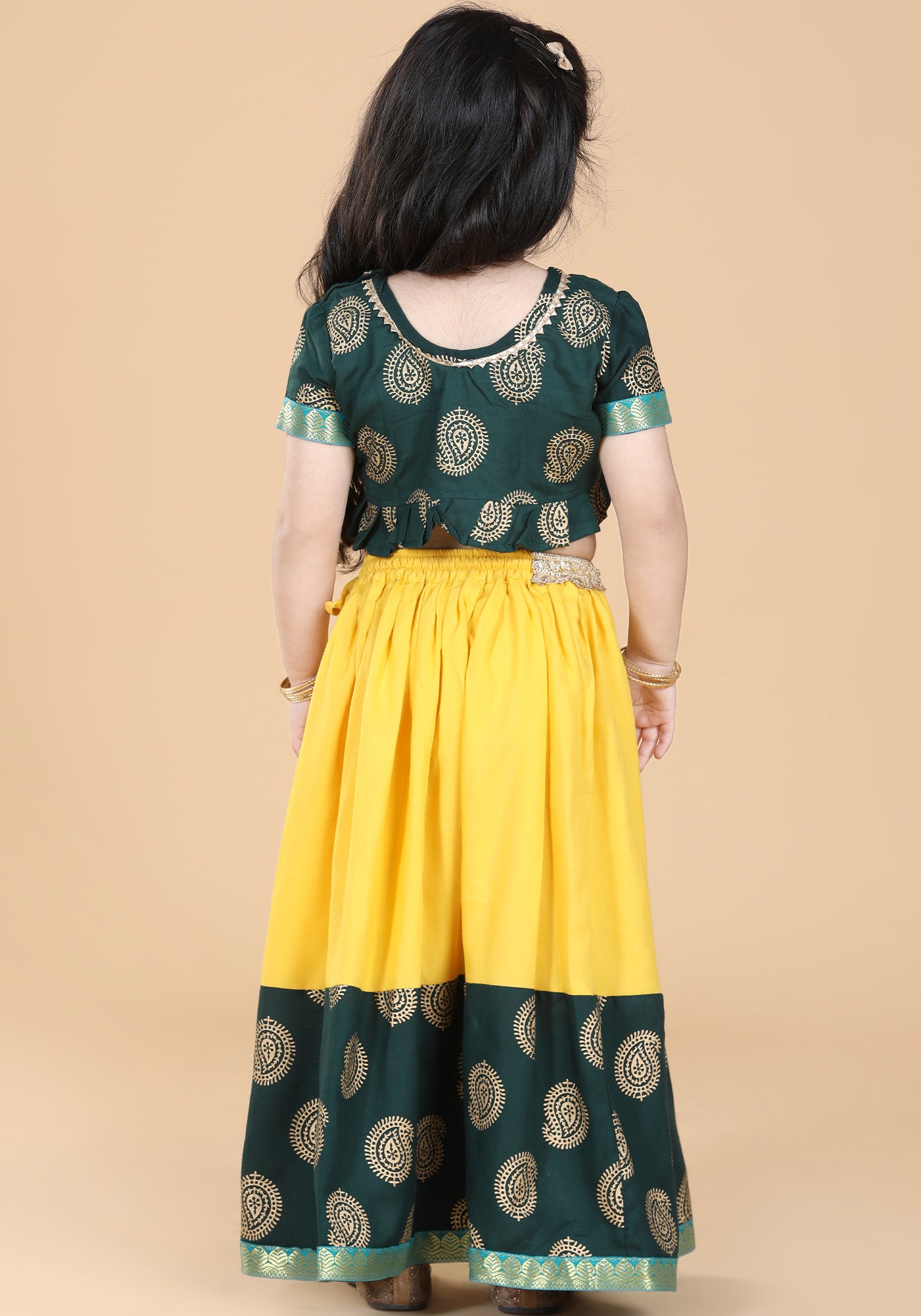 Girls Green Block Print Cotton Blend Lehenga Cholia for Kids - AJ Dezines
