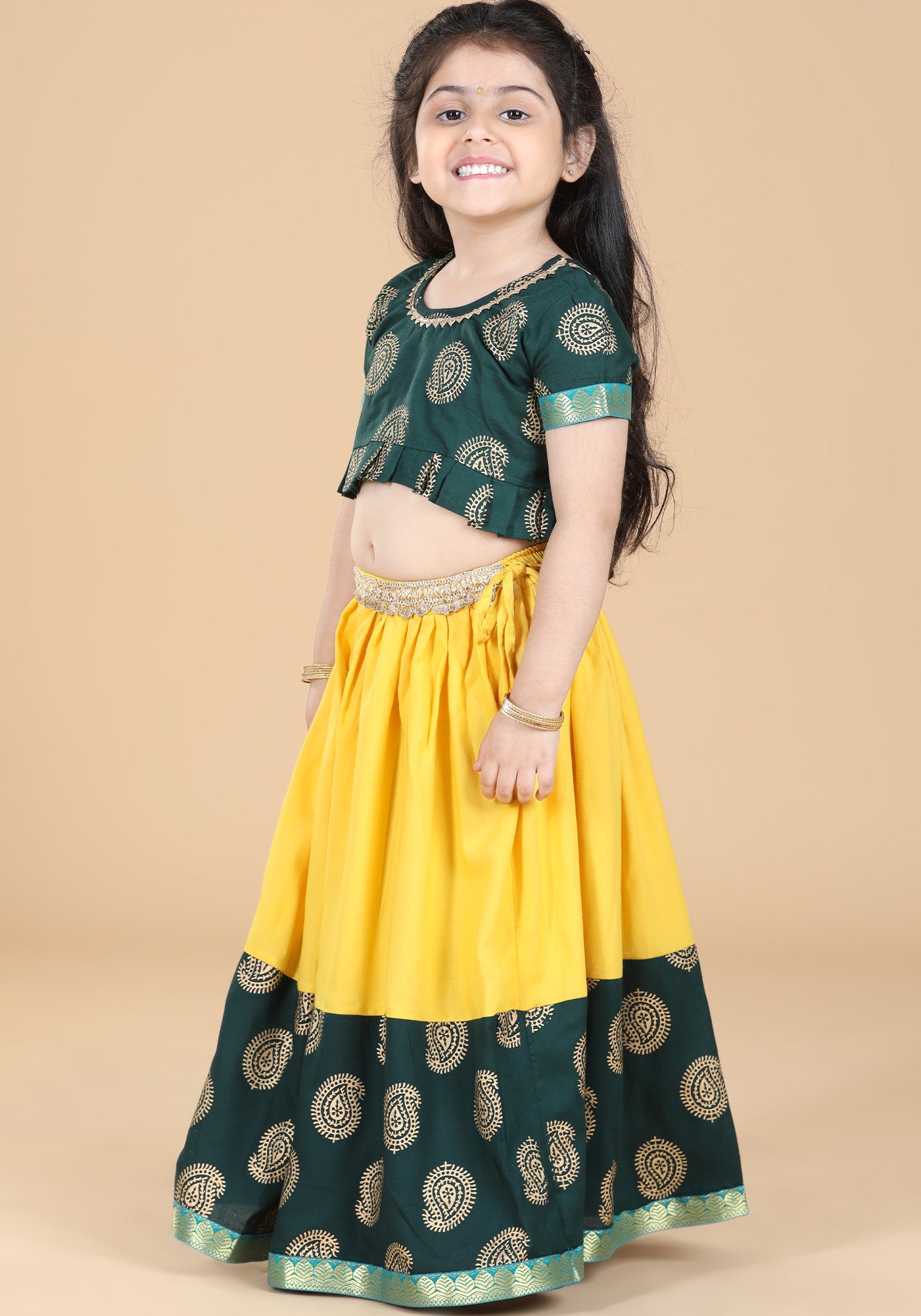 Girls Green Block Print Cotton Blend Lehenga Cholia for Kids - AJ Dezines