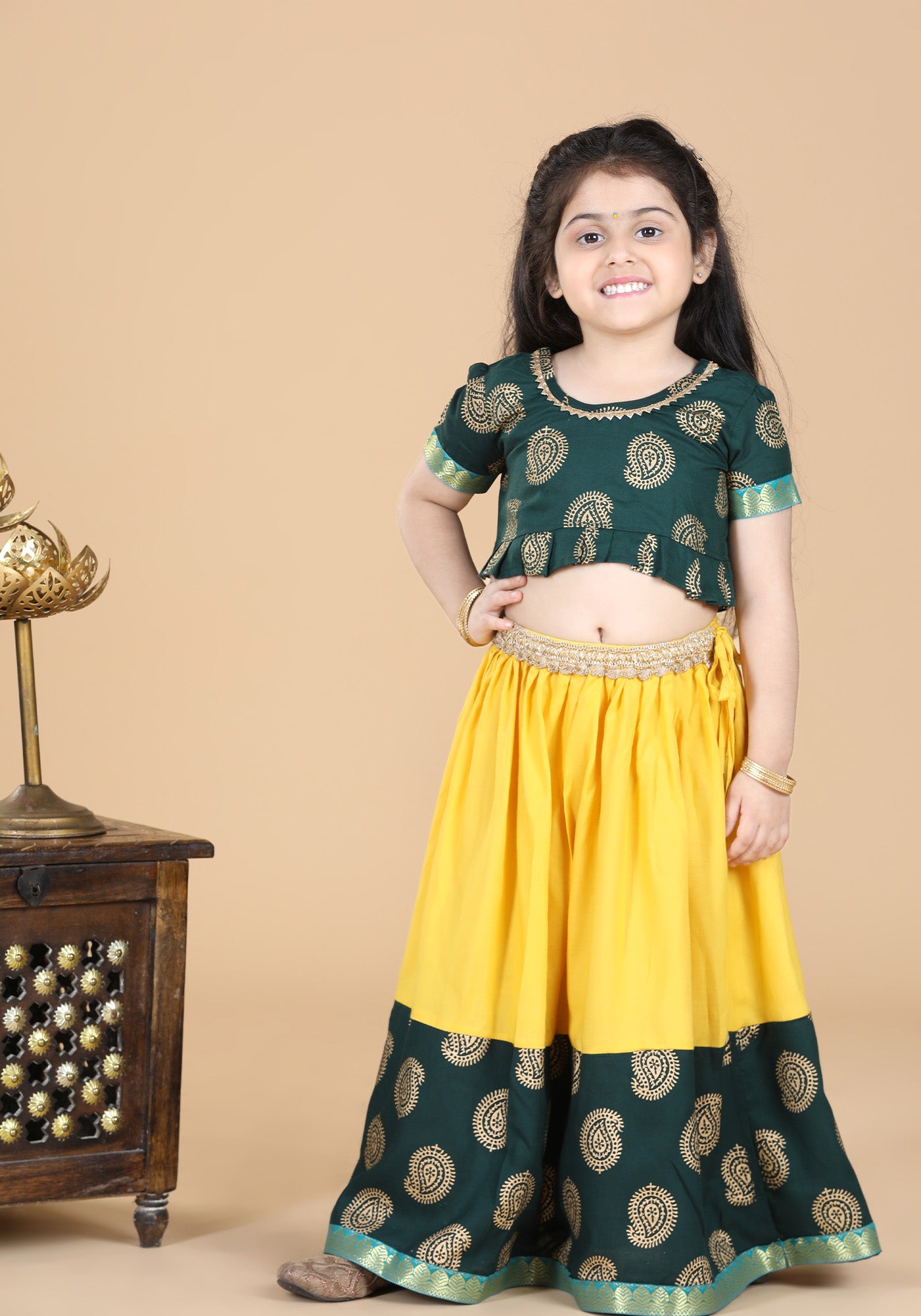 Girls Green Block Print Cotton Blend Lehenga Cholia for Kids - AJ Dezines