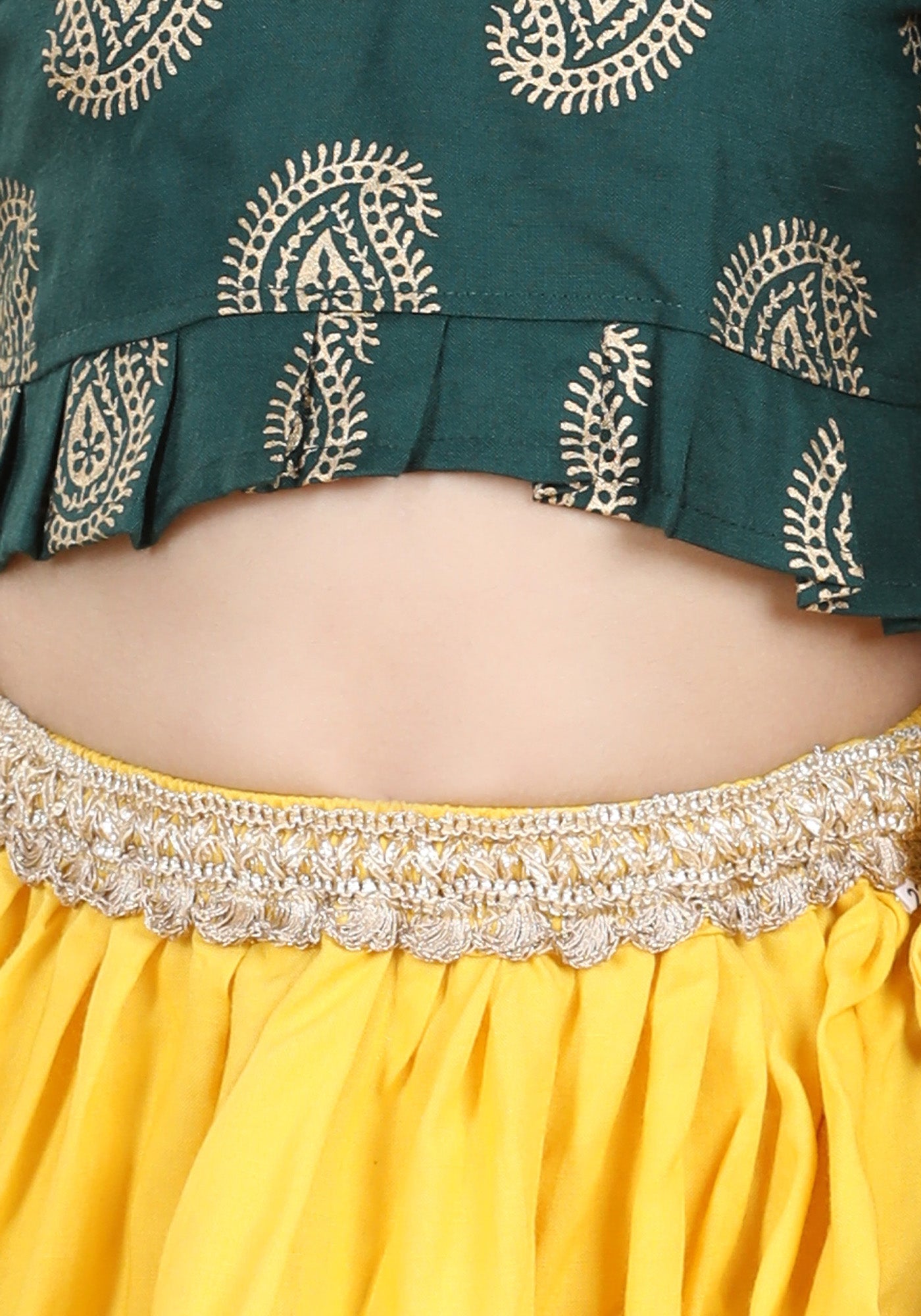 Girls Green Block Print Cotton Blend Lehenga Cholia for Kids - AJ Dezines
