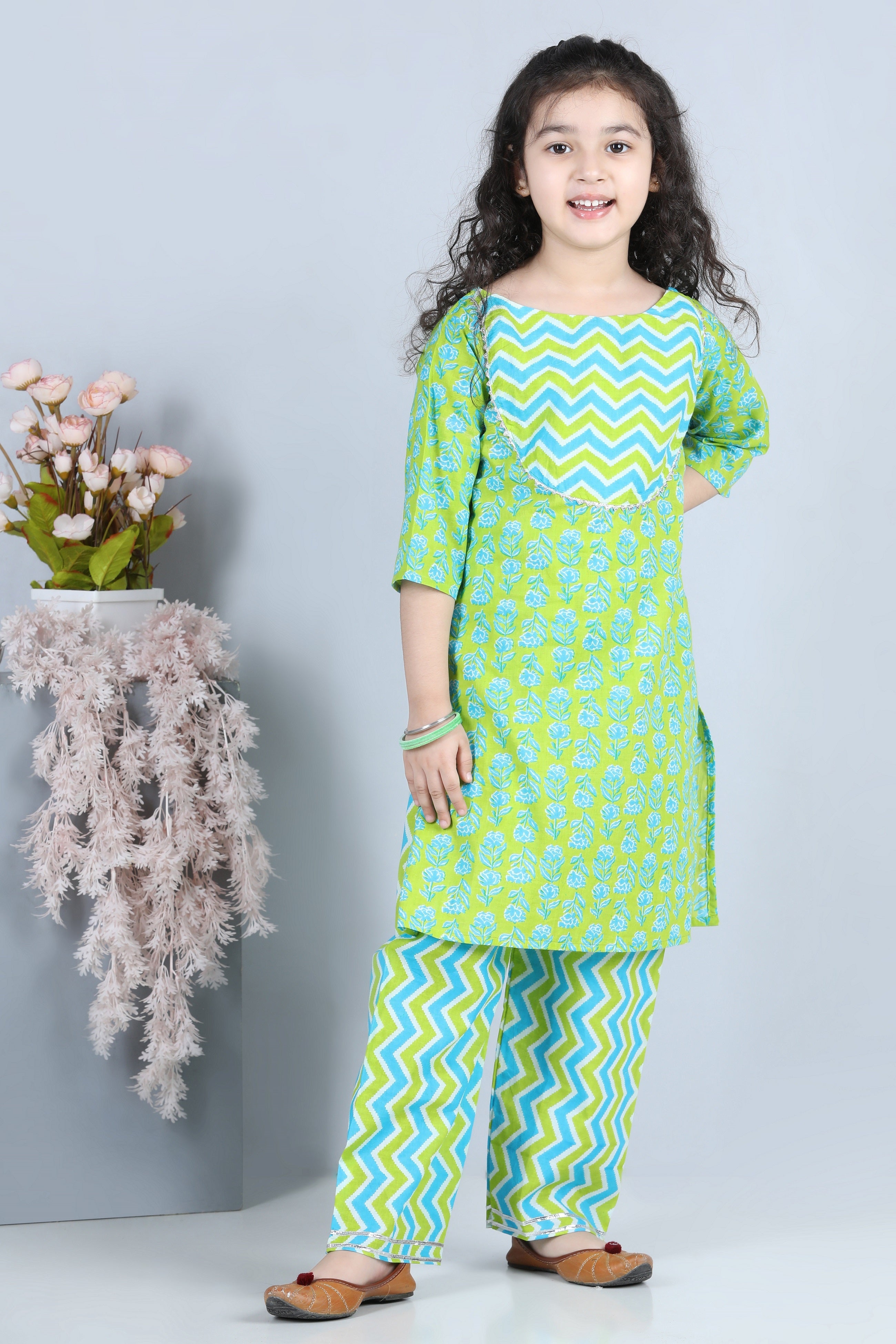 Girls Green Floral Print Cotton Suit Set for Kids - AJ Dezines