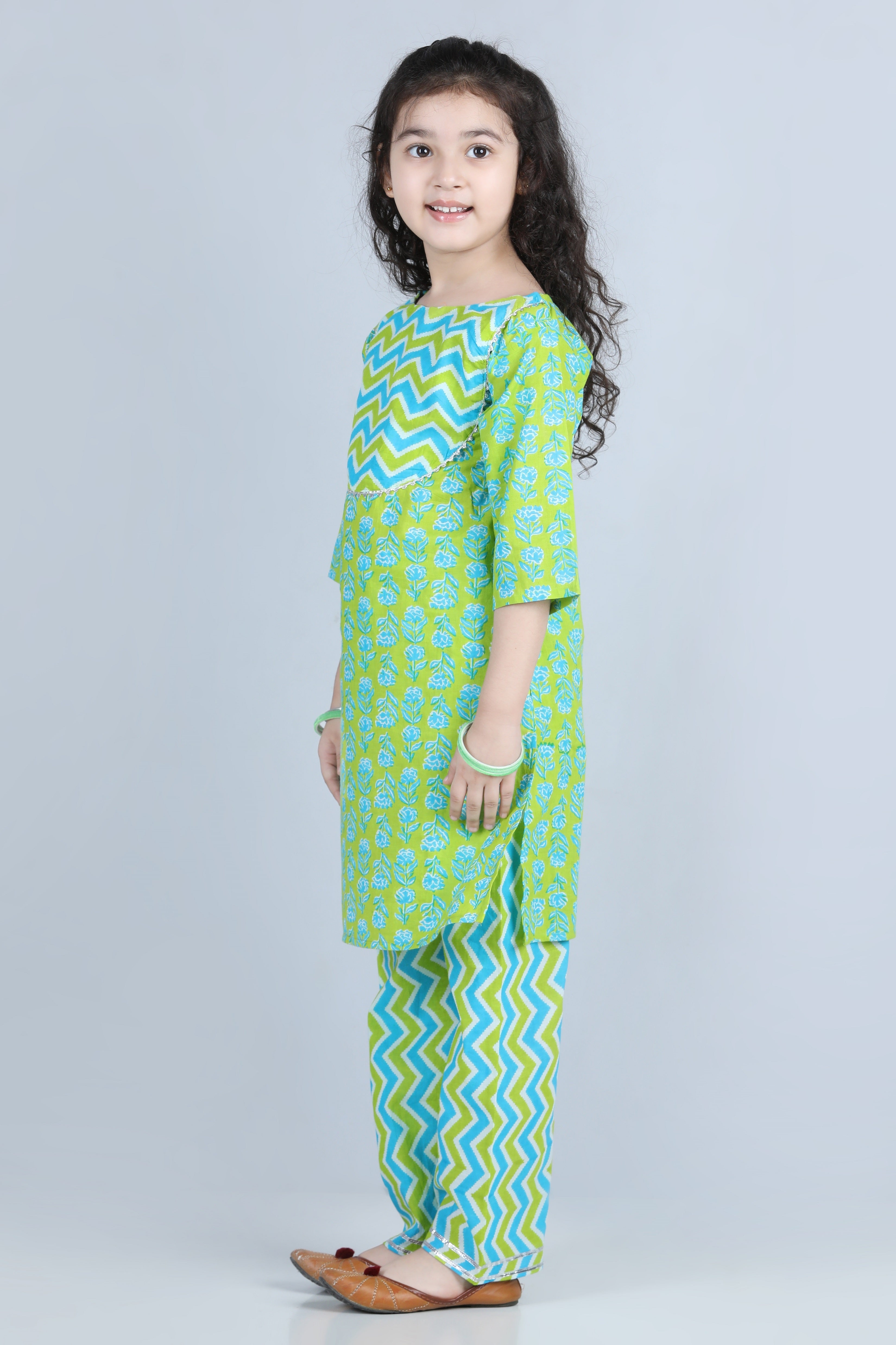 Girls Green Floral Print Cotton Suit Set for Kids - AJ Dezines