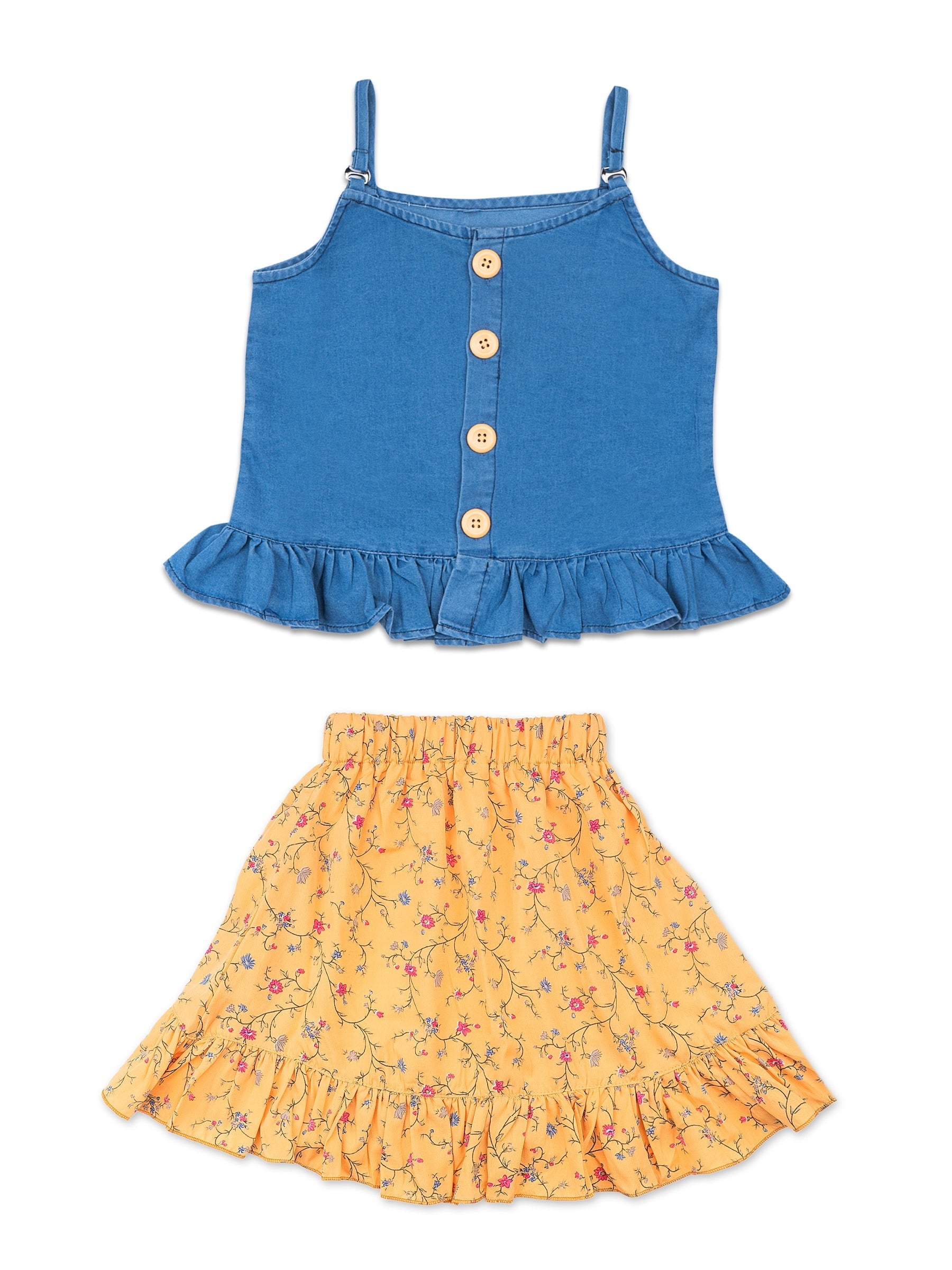 Girls Yellow Solid Denim Top & Bottom Set for Kids - AJ Dezines