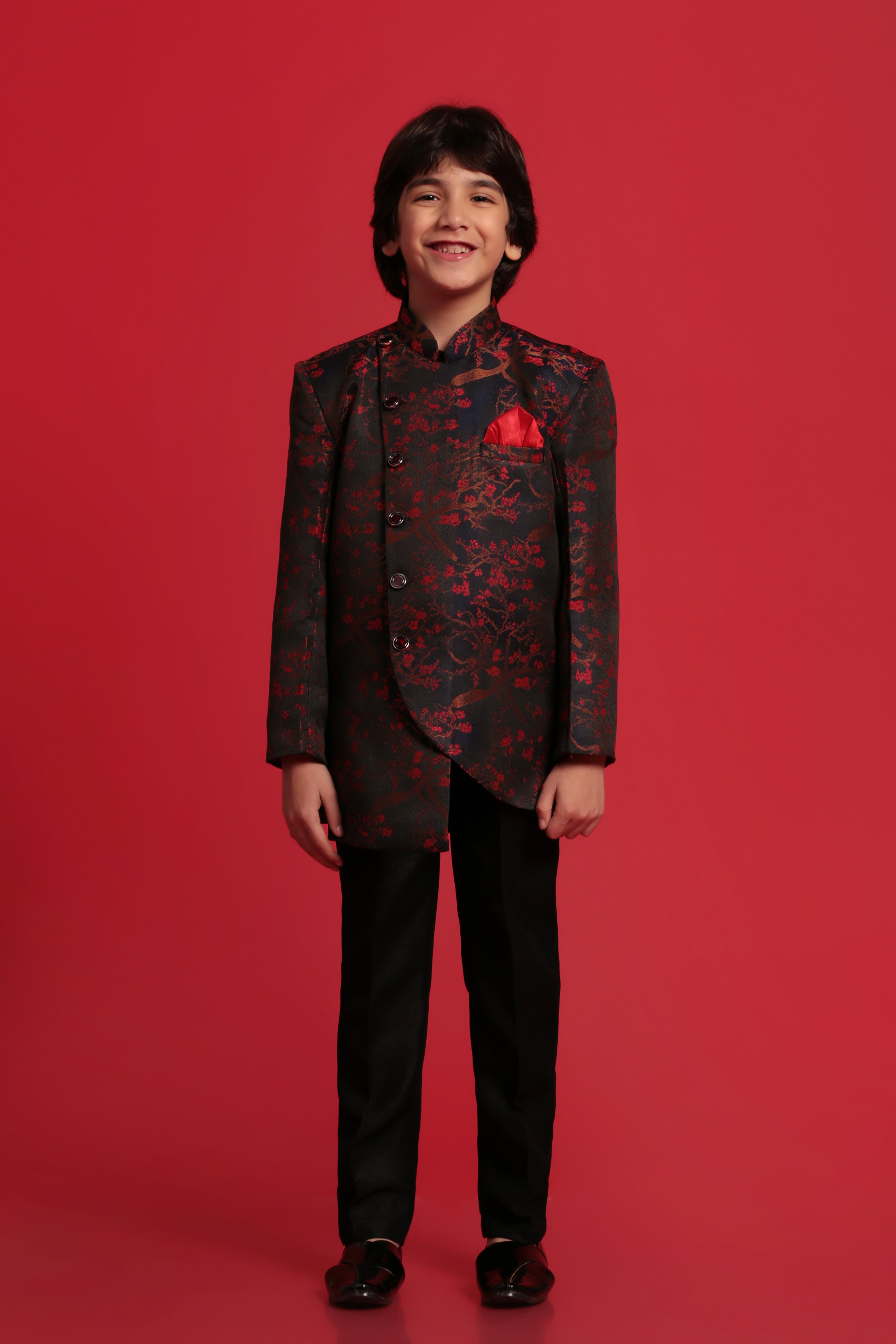 Boys Red Jacquard Sherwani for Weddings & Festivals - AJ Dezines