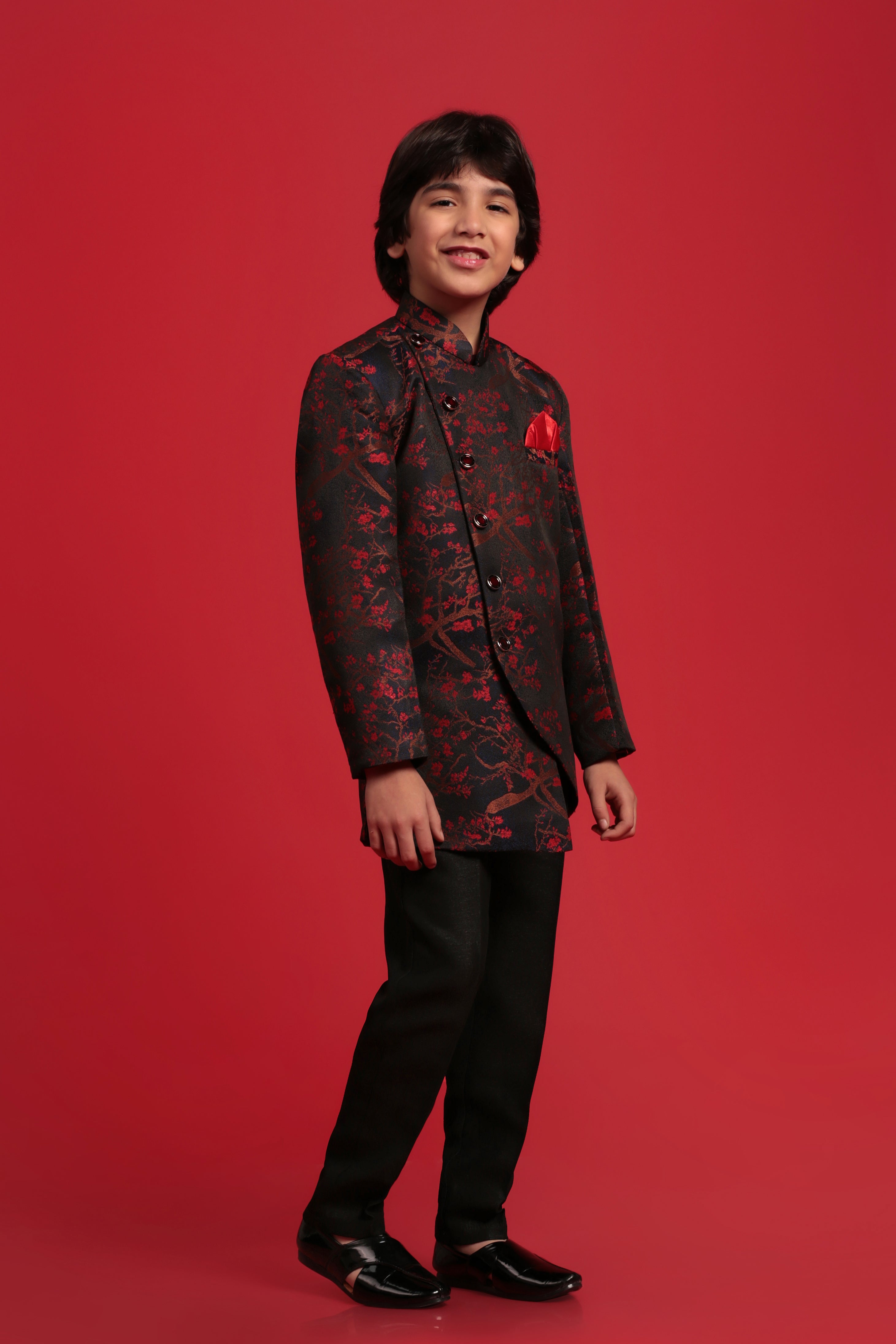 Boys Red Jacquard Sherwani for Weddings & Festivals - AJ Dezines