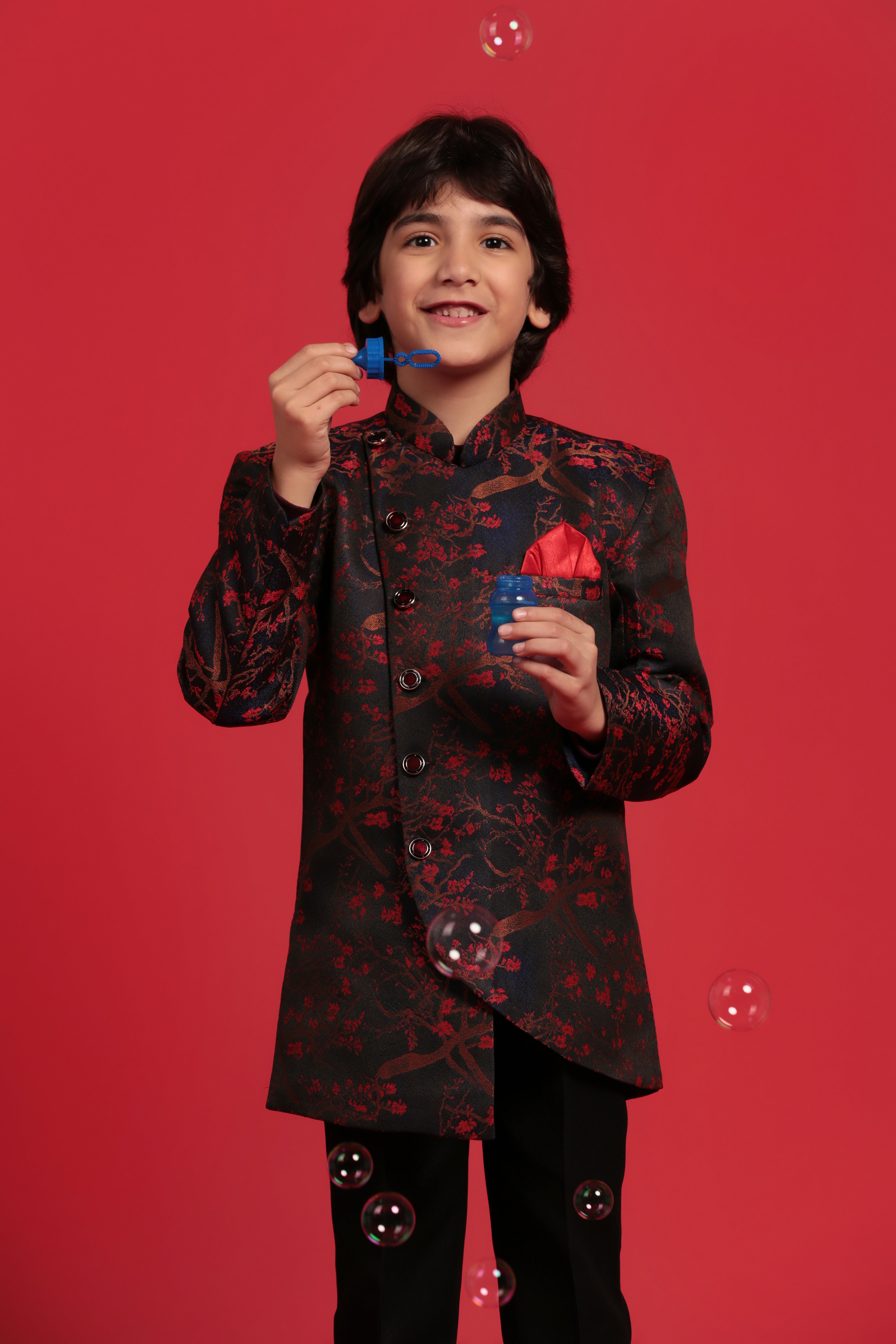 Boys Red Jacquard Sherwani for Weddings & Festivals - AJ Dezines