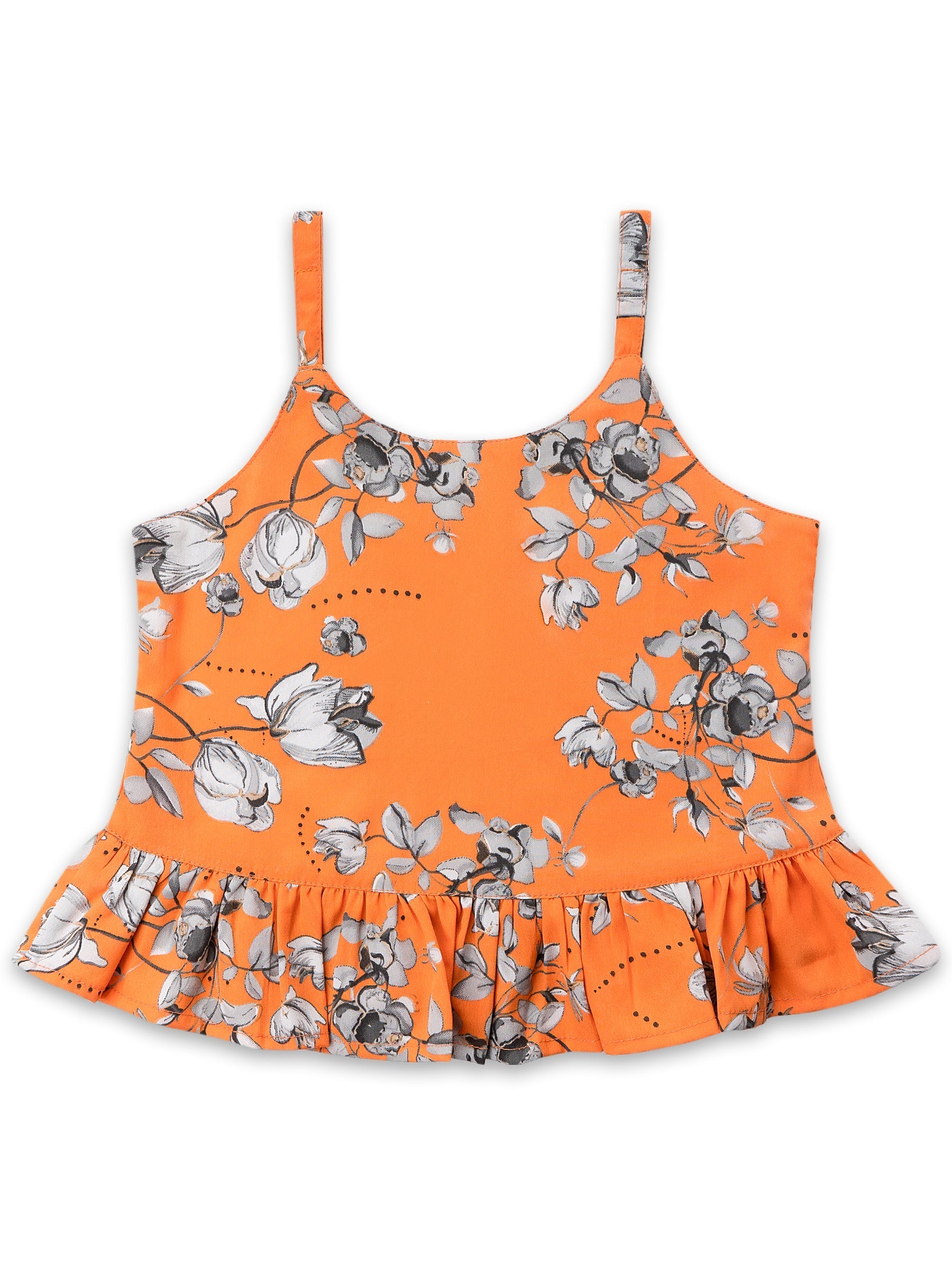 Girls Orange Floral Print Georgette Top & Bottom Set for Kids - AJ Dezines