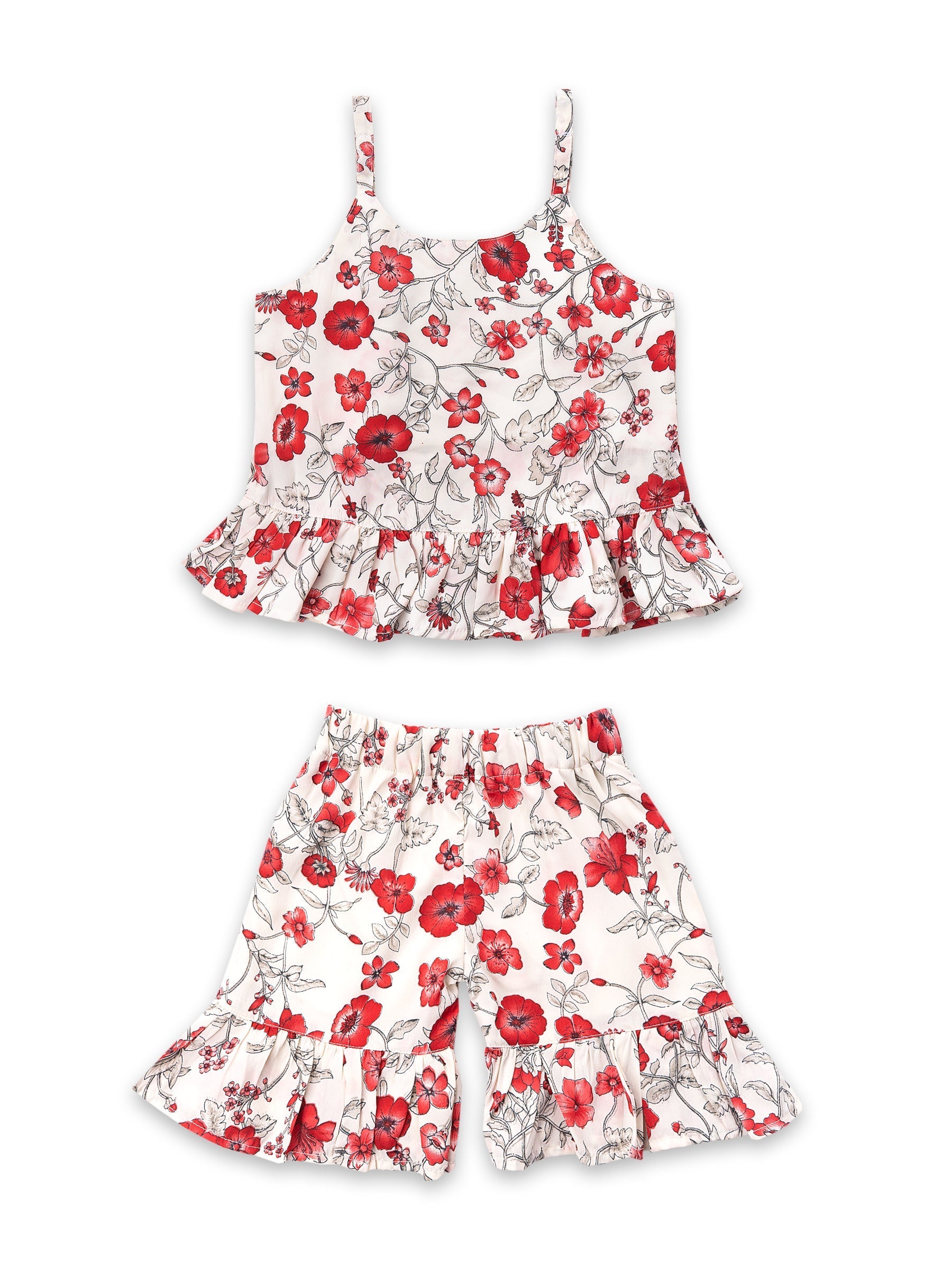 Girls Red Floral Print Georgette Top & Bottom Set for Kids - AJ Dezines