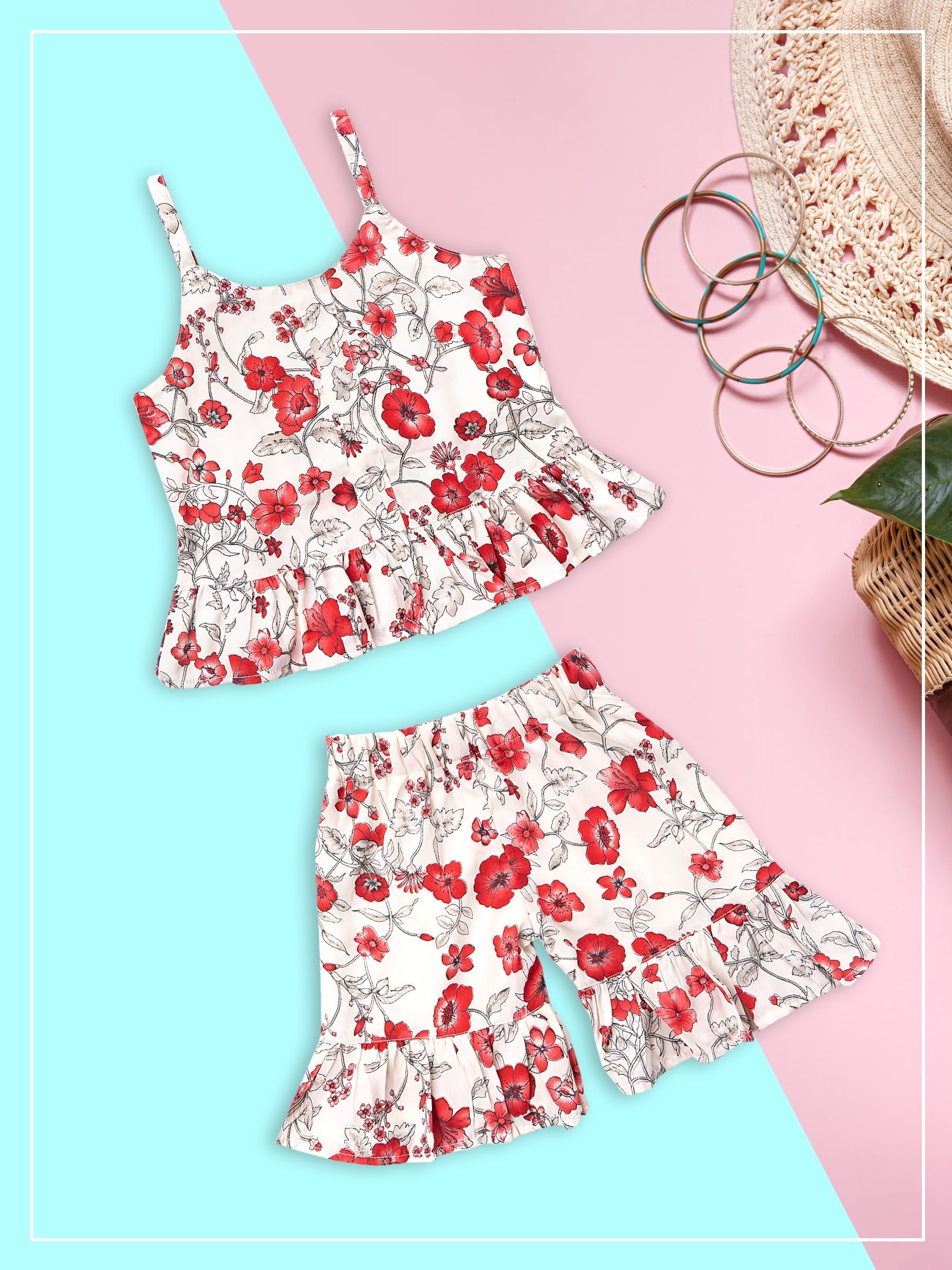 Girls Red Floral Print Georgette Top & Bottom Set for Kids - AJ Dezines