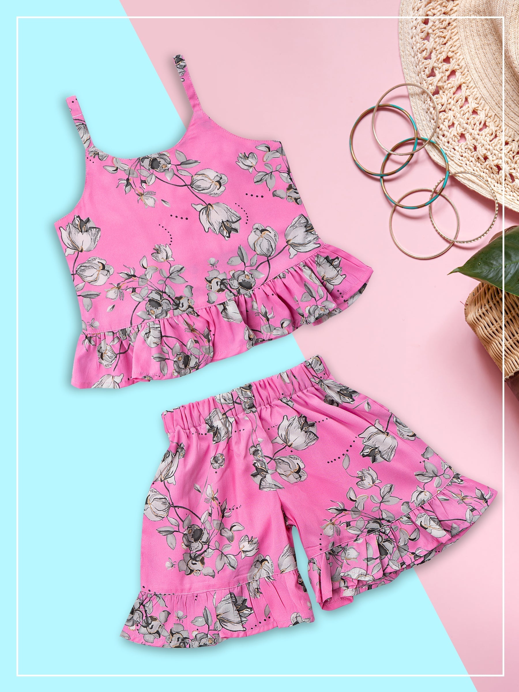 Girls Pink Floral Print Georgette Top & Bottom Set for Kids - AJ Dezines