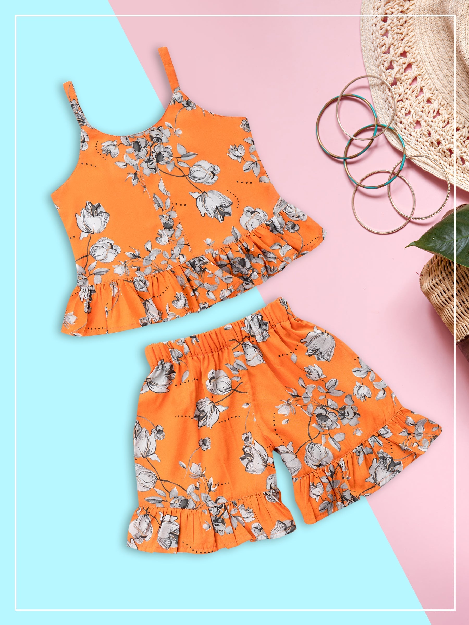 Girls Orange Floral Print Georgette Top & Bottom Set for Kids - AJ Dezines